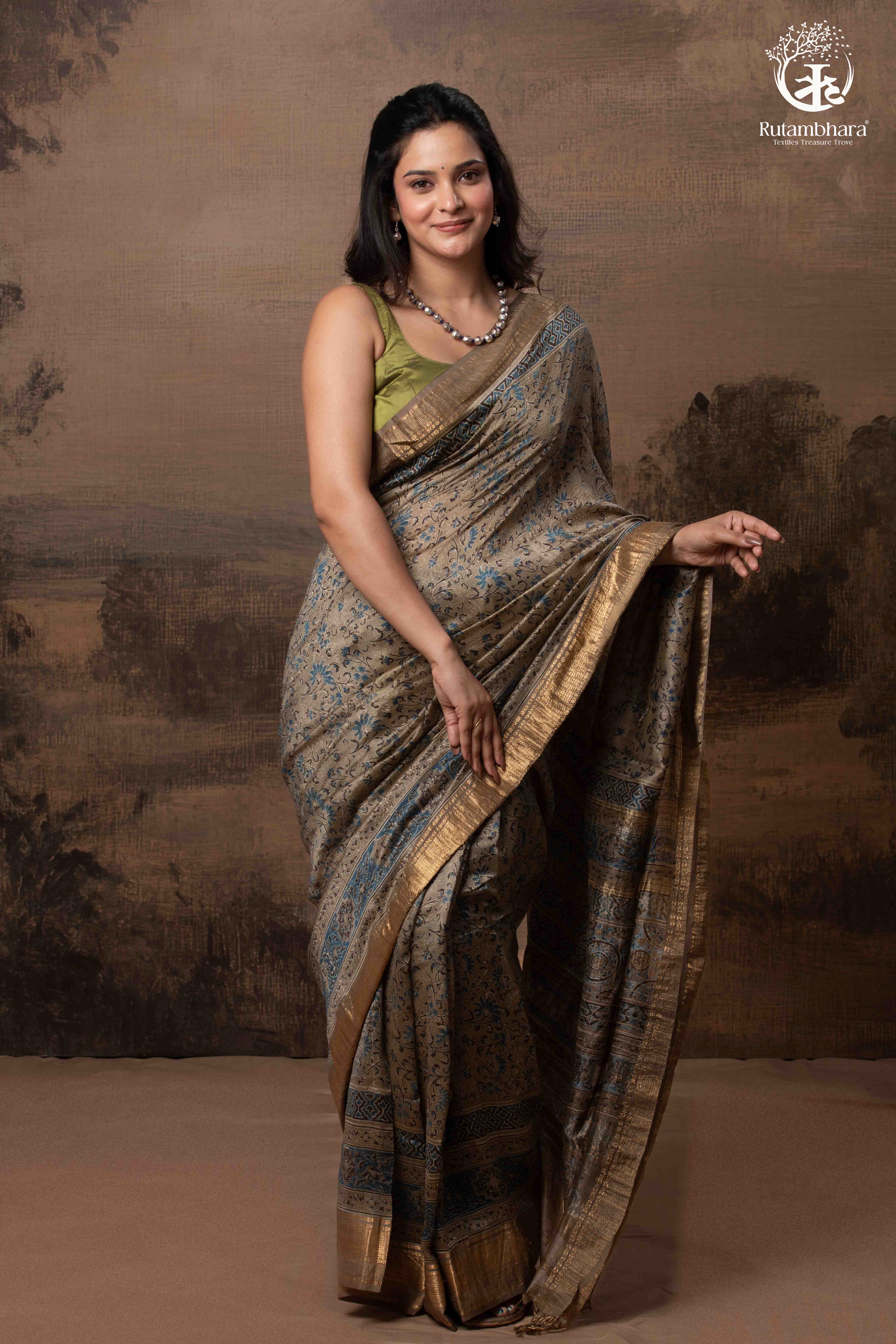 Ushraa - Deep Taupe Ajrakh Hand Block Printed Cotton Silk Saree with Gold Zari Border