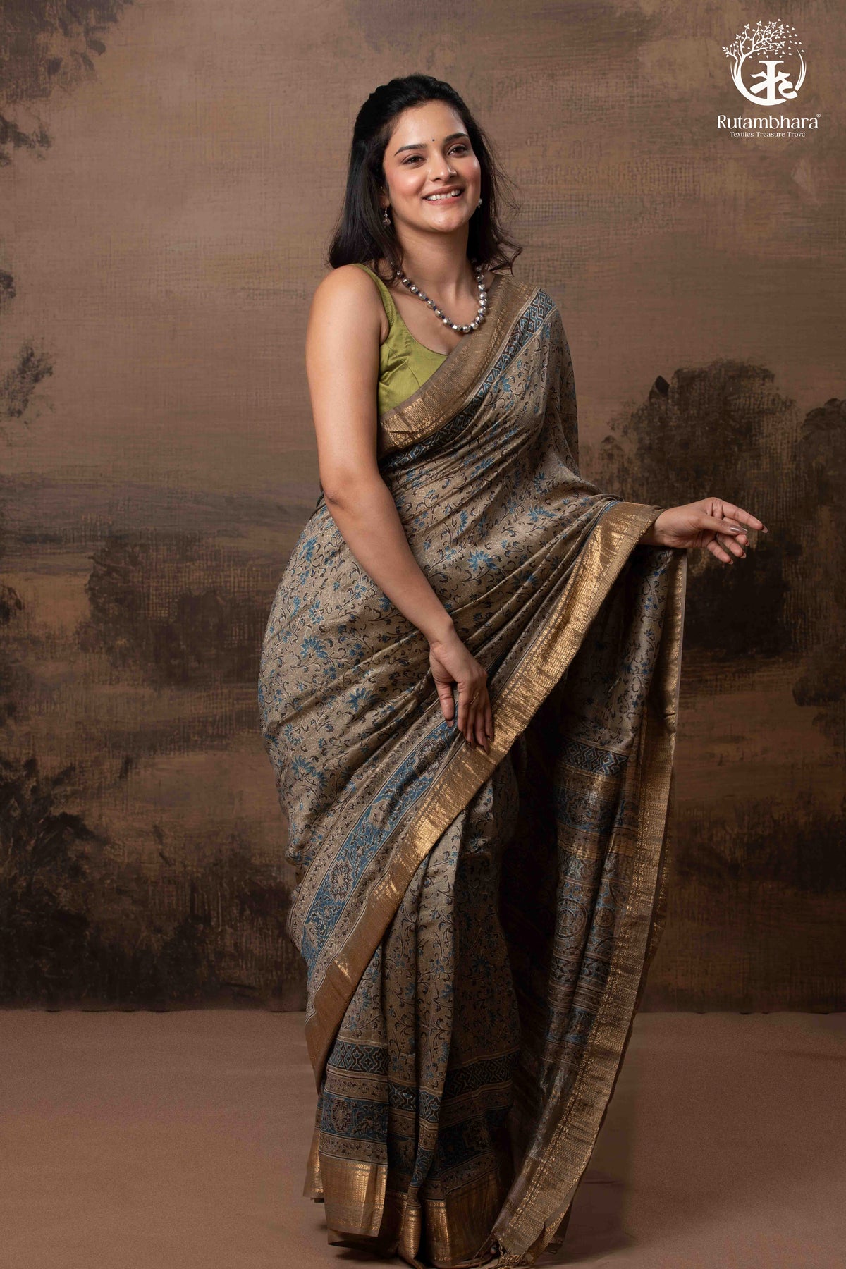Ushraa - Deep Taupe Ajrakh Hand Block Printed Cotton Silk Saree with Gold Zari Border