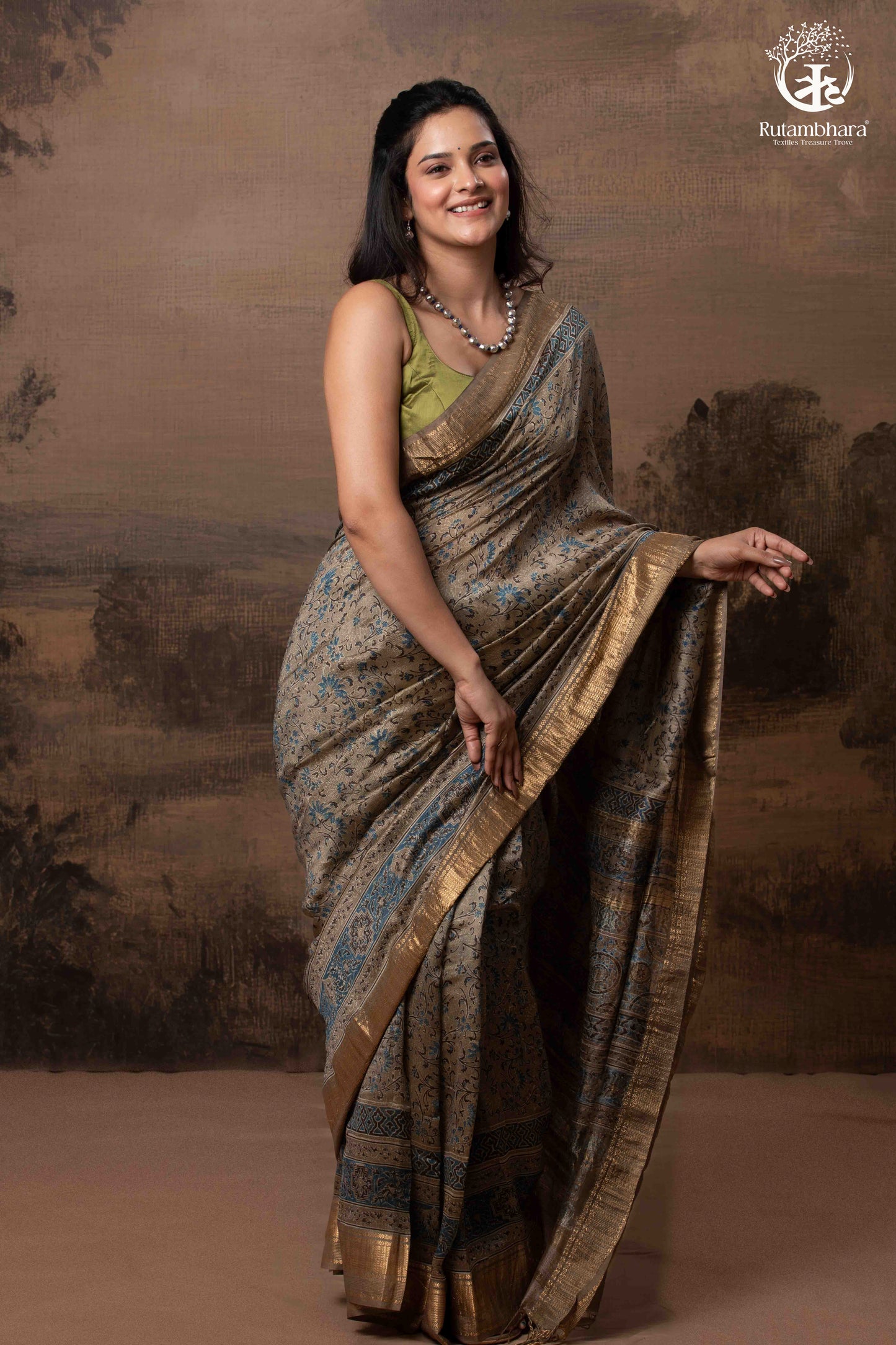 Ushraa - Deep Taupe Ajrakh Hand Block Printed Cotton Silk Saree with Gold Zari Border