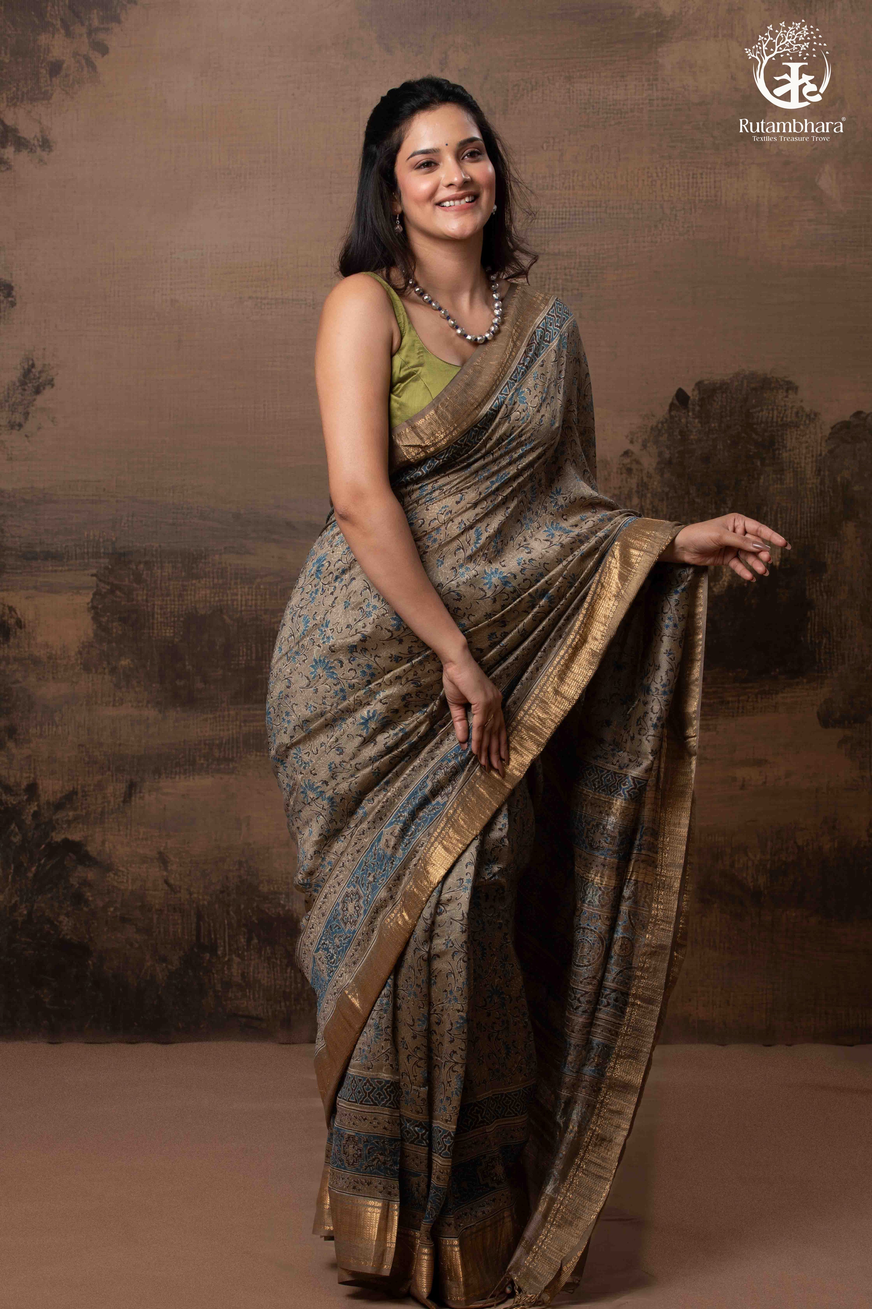 Ushraa - Deep Taupe Ajrakh Hand Block Printed Cotton Silk Saree with Gold Zari Border