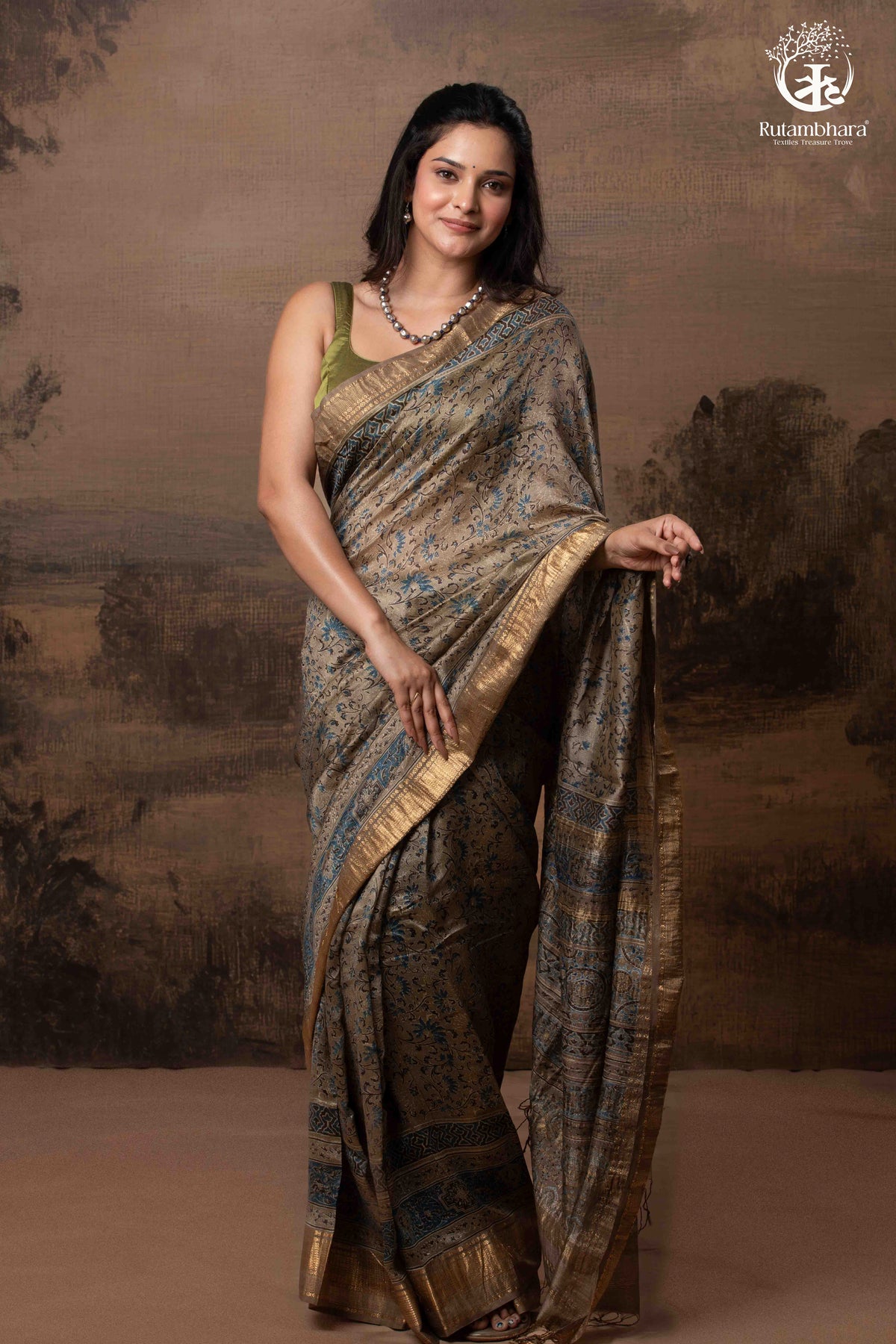 Ushraa - Deep Taupe Ajrakh Hand Block Printed Cotton Silk Saree with Gold Zari Border