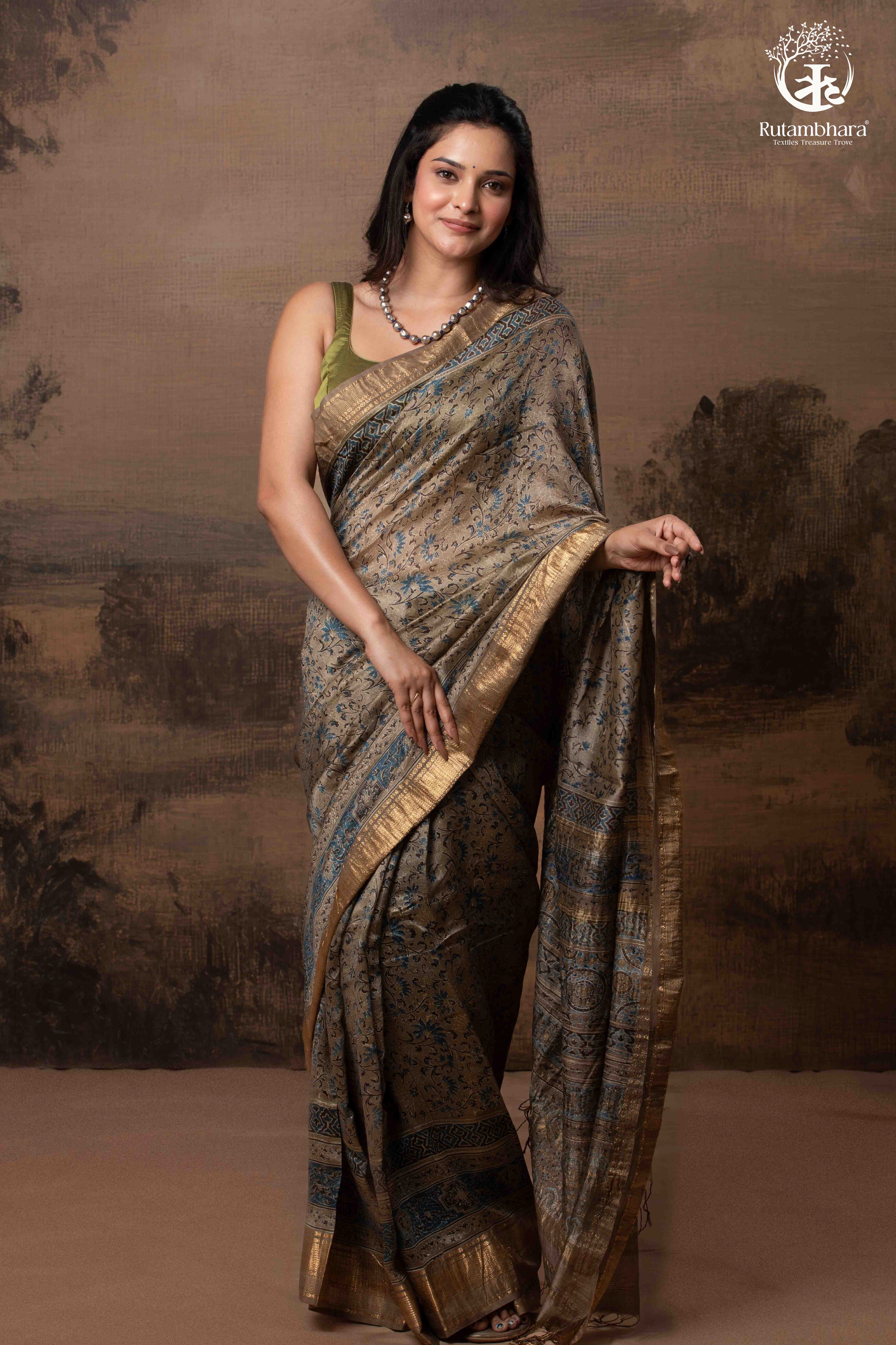 Ushraa - Deep Taupe Ajrakh Hand Block Printed Cotton Silk Saree with Gold Zari Border