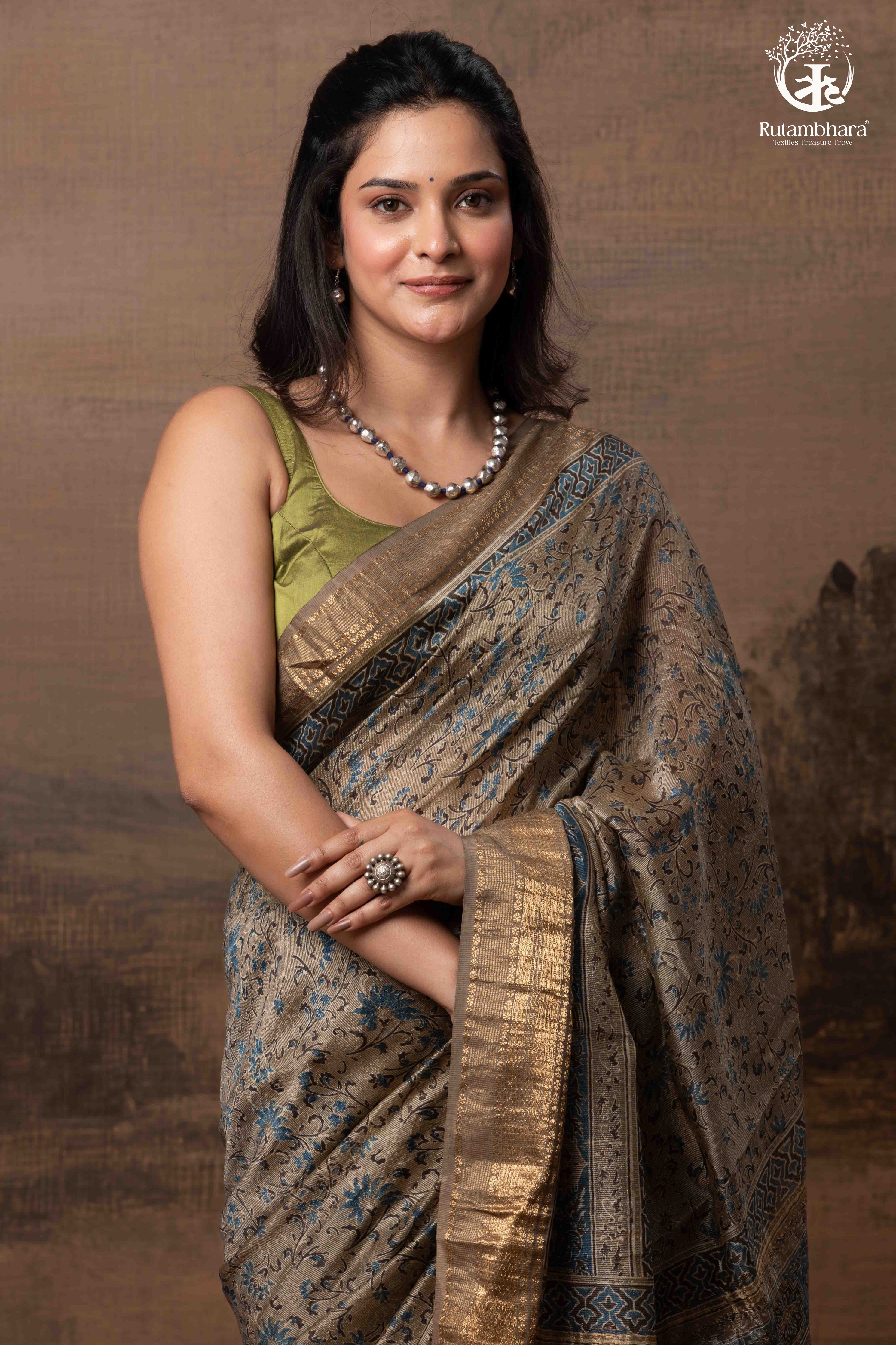 Ushraa - Deep Taupe Ajrakh Hand Block Printed Cotton Silk Saree with Gold Zari Border