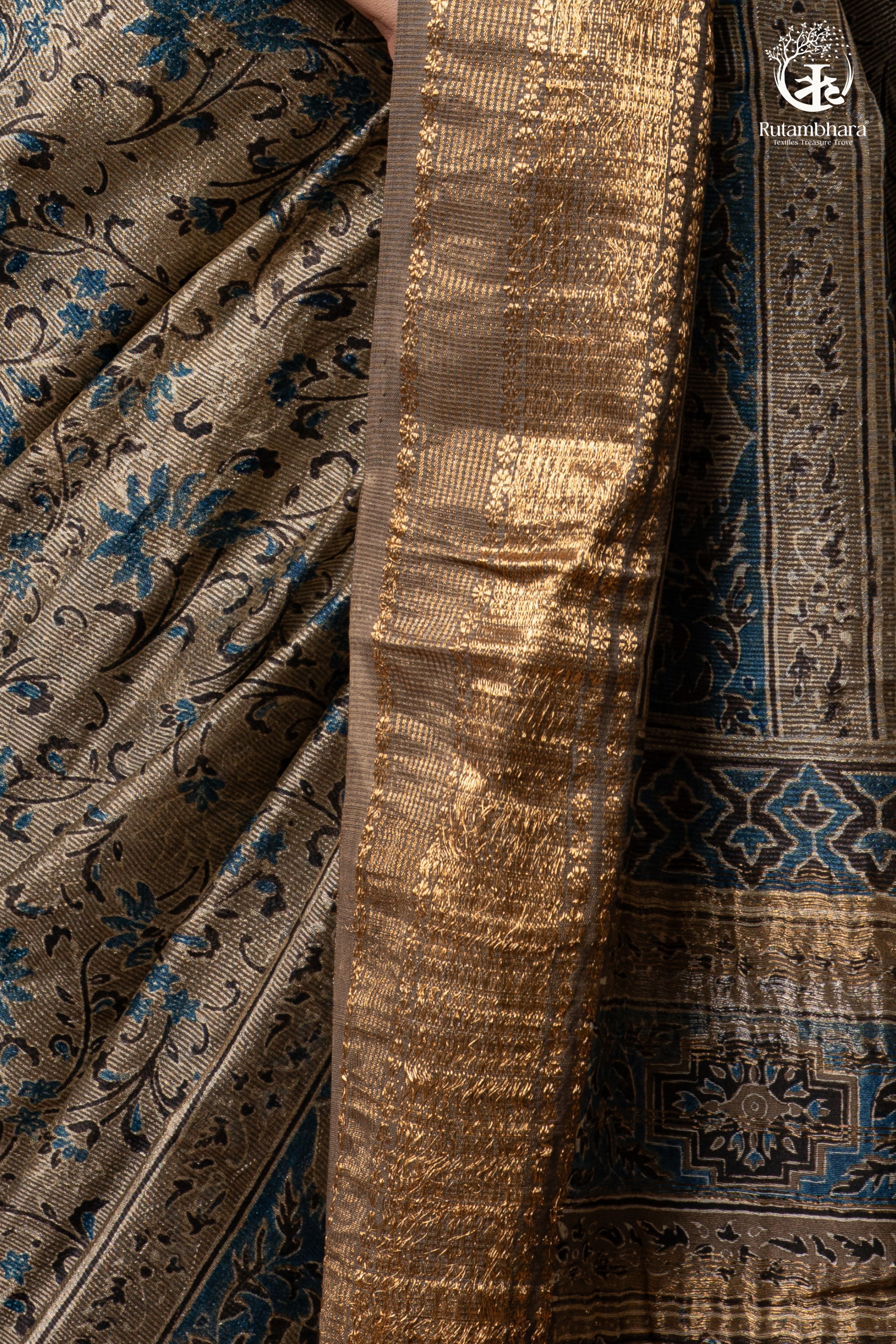 Ushraa - Deep Taupe Ajrakh Hand Block Printed Cotton Silk Saree with Gold Zari Border