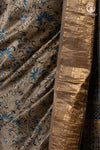 Ushraa - Deep Taupe Ajrakh Hand Block Printed Cotton Silk Saree with Gold Zari Border