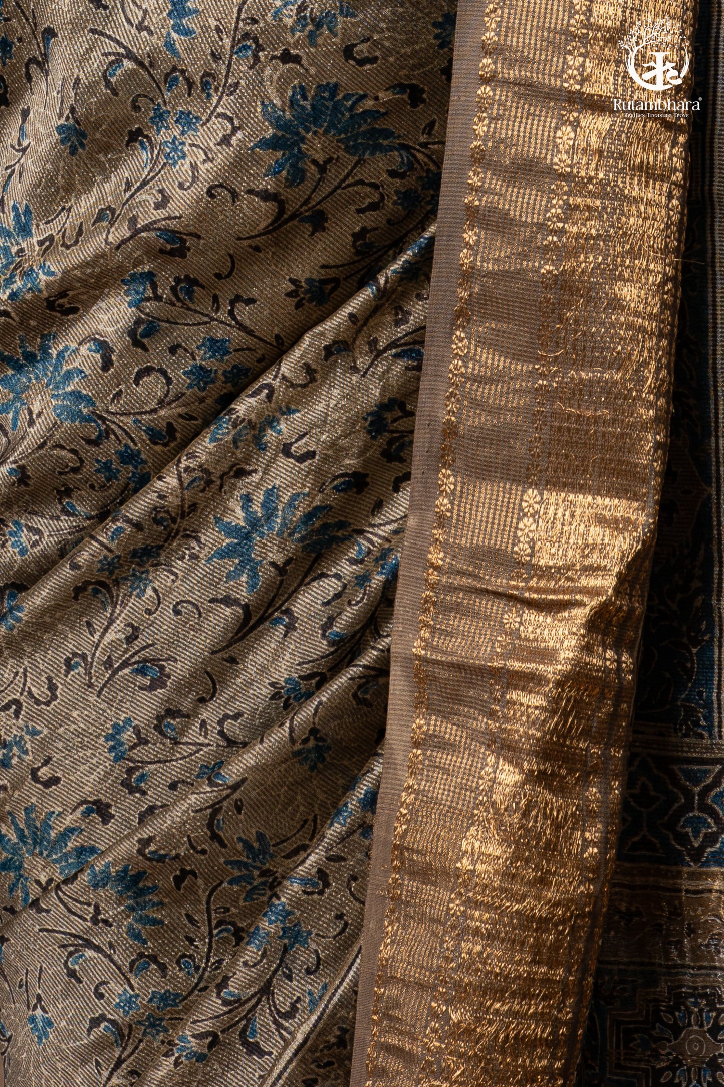 Ushraa - Deep Taupe Ajrakh Hand Block Printed Cotton Silk Saree with Gold Zari Border