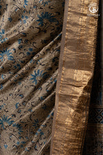 Ushraa - Deep Taupe Ajrakh Hand Block Printed Cotton Silk Saree with Gold Zari Border-RUTAMBHARA-RUTAMBHARA