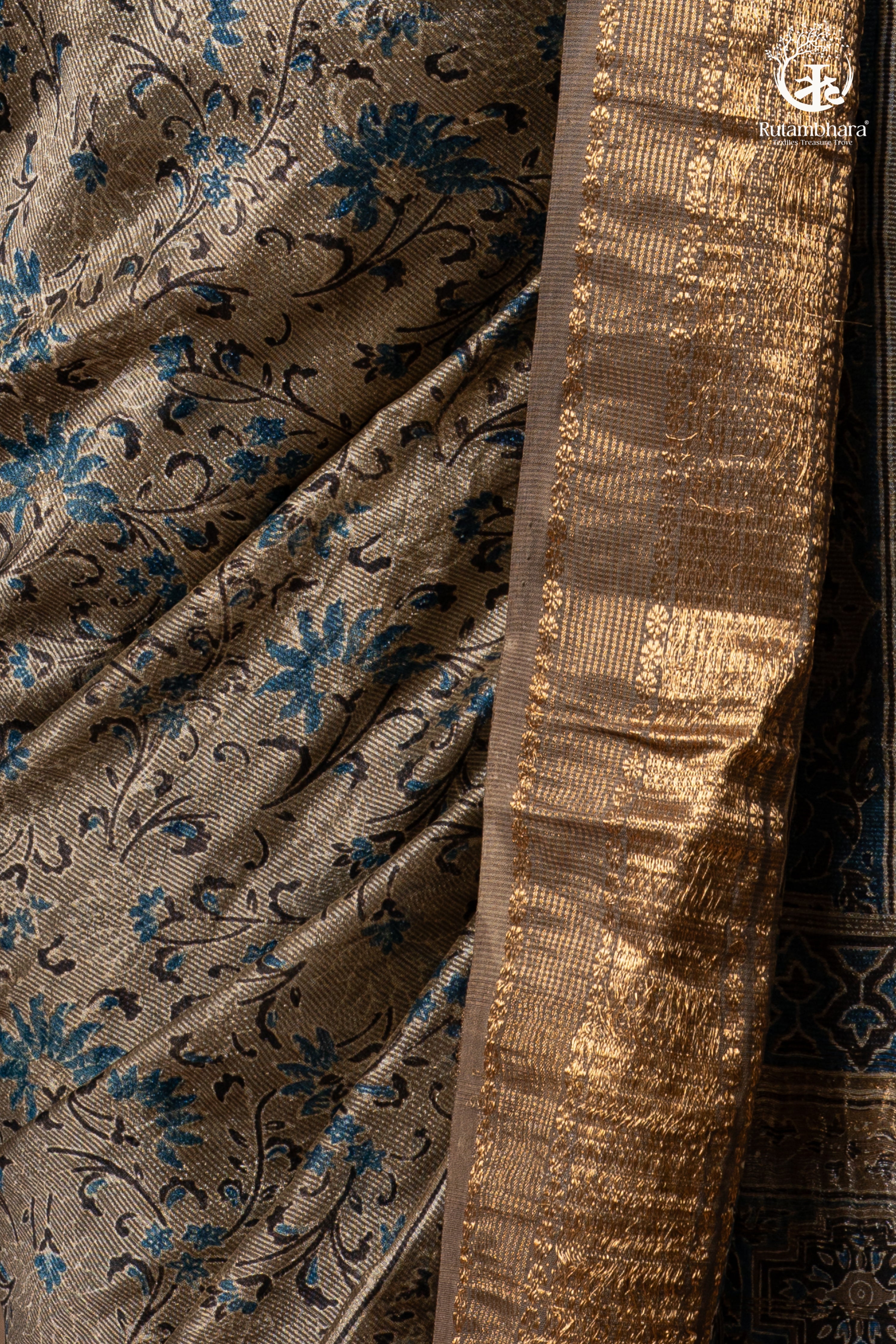 Ushraa - Deep Taupe Ajrakh Hand Block Printed Cotton Silk Saree with Gold Zari Border