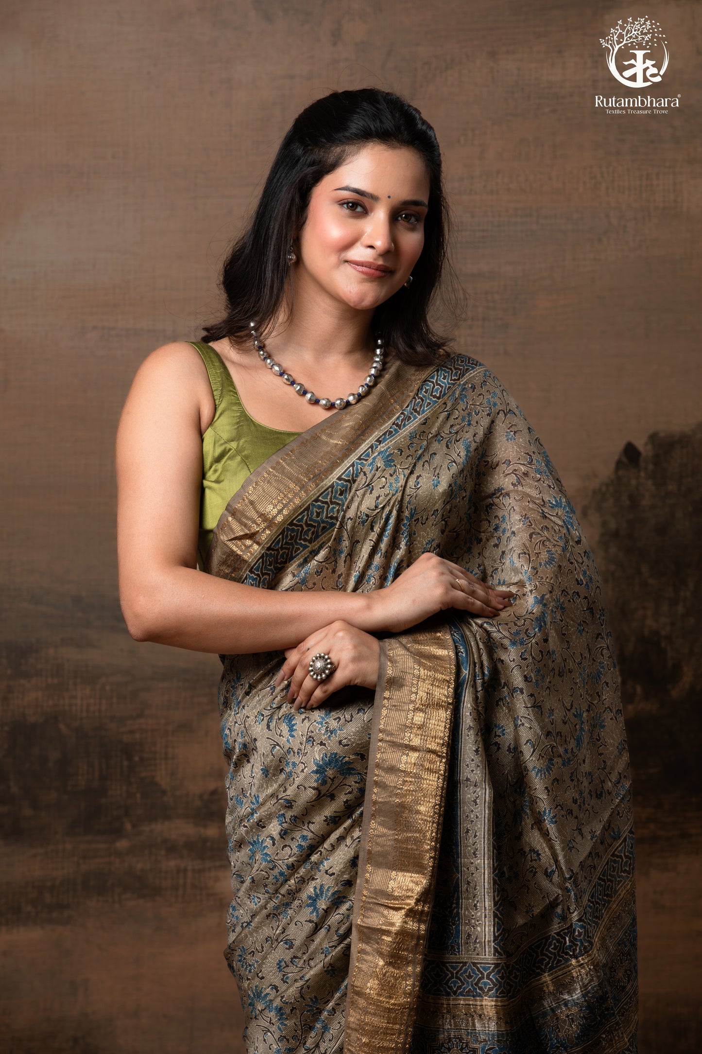 Ushraa - Deep Taupe Ajrakh Hand Block Printed Cotton Silk Saree with Gold Zari Border