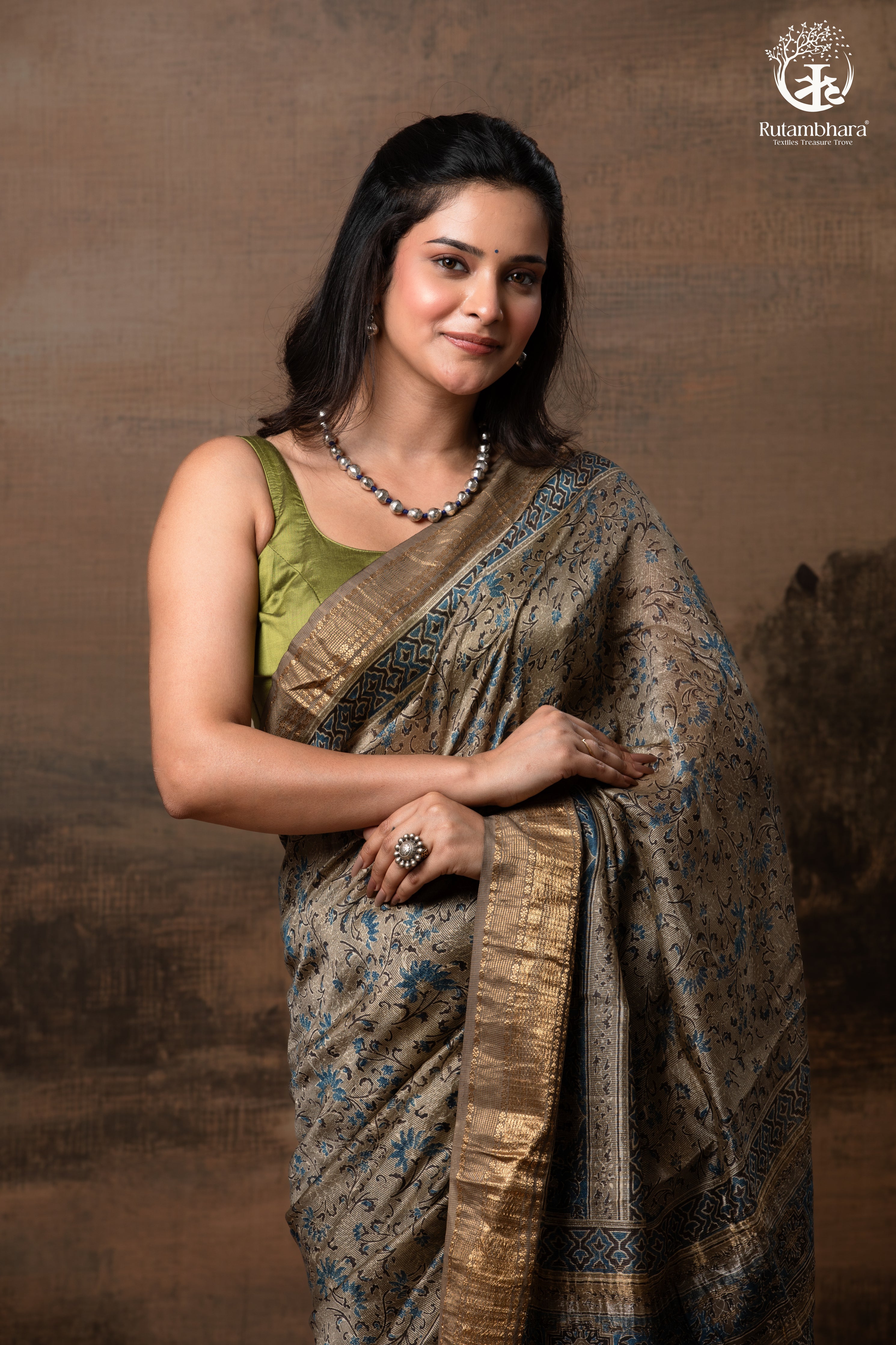 Ushraa - Deep Taupe Ajrakh Hand Block Printed Cotton Silk Saree with Gold Zari Border