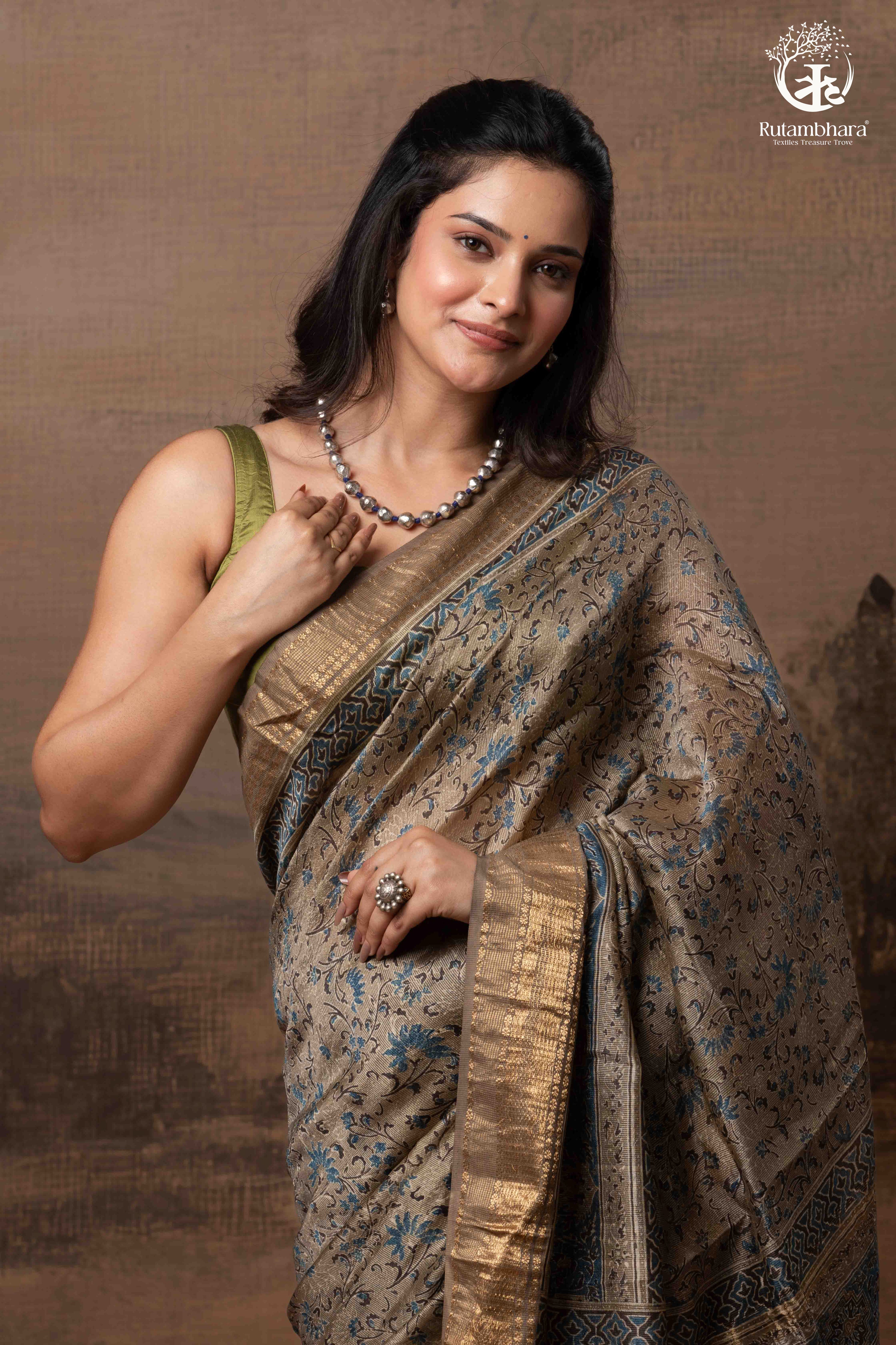 Ushraa - Deep Taupe Ajrakh Hand Block Printed Cotton Silk Saree with Gold Zari Border