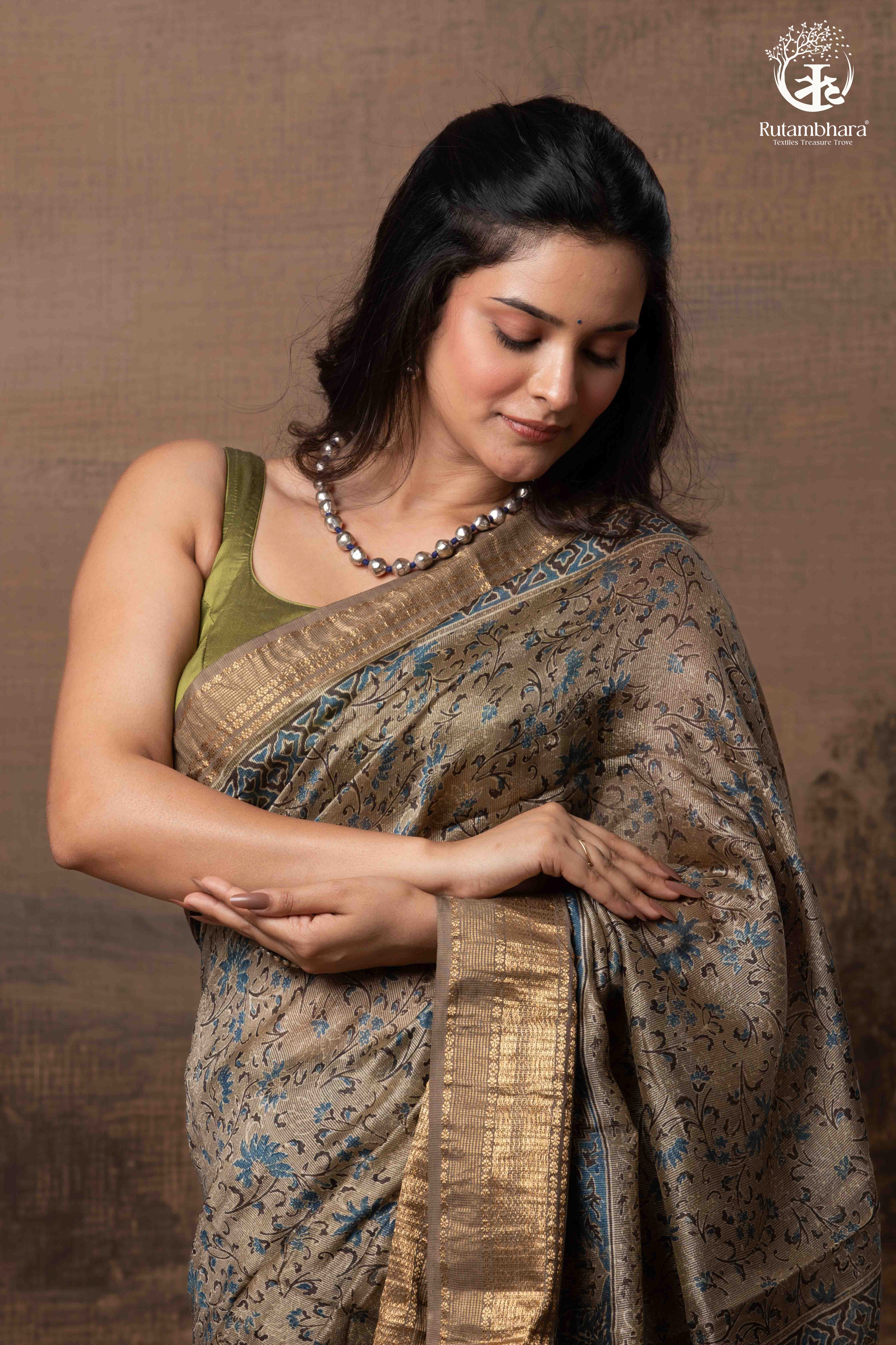 Ushraa - Deep Taupe Ajrakh Hand Block Printed Cotton Silk Saree with Gold Zari Border