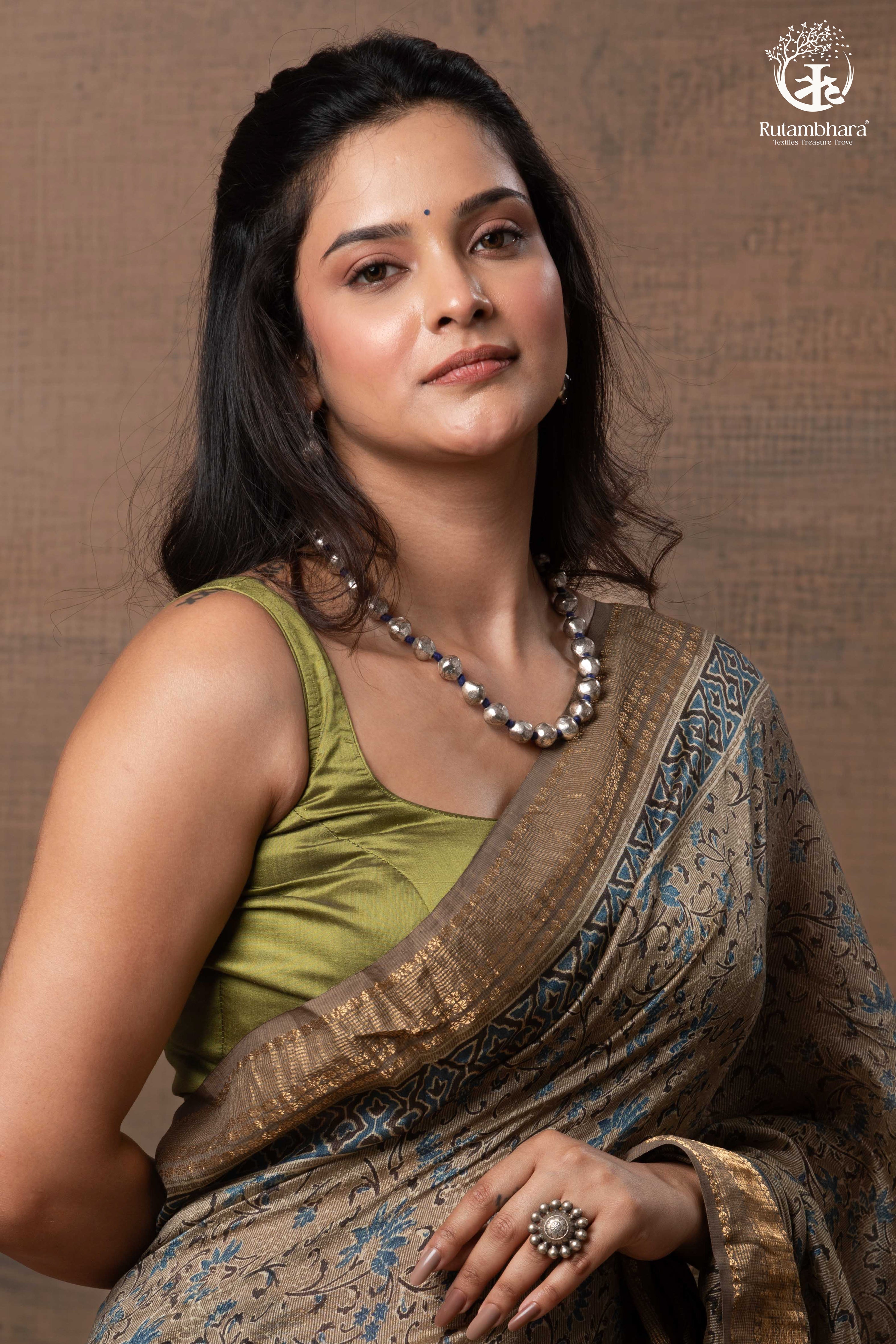 Ushraa - Deep Taupe Ajrakh Hand Block Printed Cotton Silk Saree with Gold Zari Border