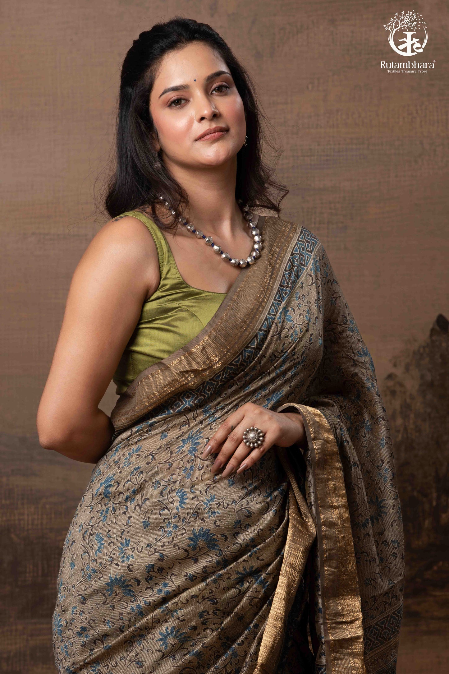 Ushraa - Deep Taupe Ajrakh Hand Block Printed Cotton Silk Saree with Gold Zari Border