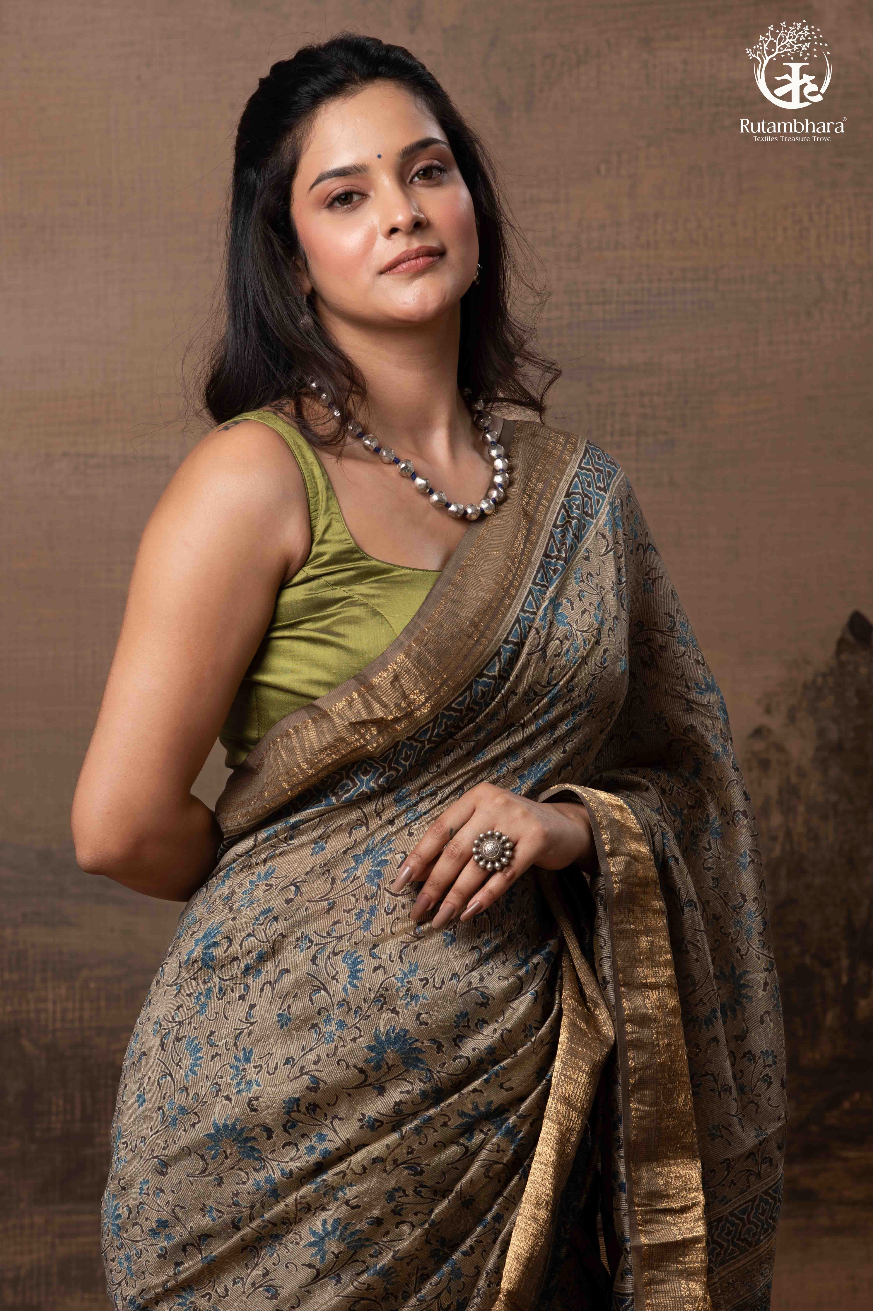 Ushraa - Deep Taupe Ajrakh Hand Block Printed Cotton Silk Saree with Gold Zari Border