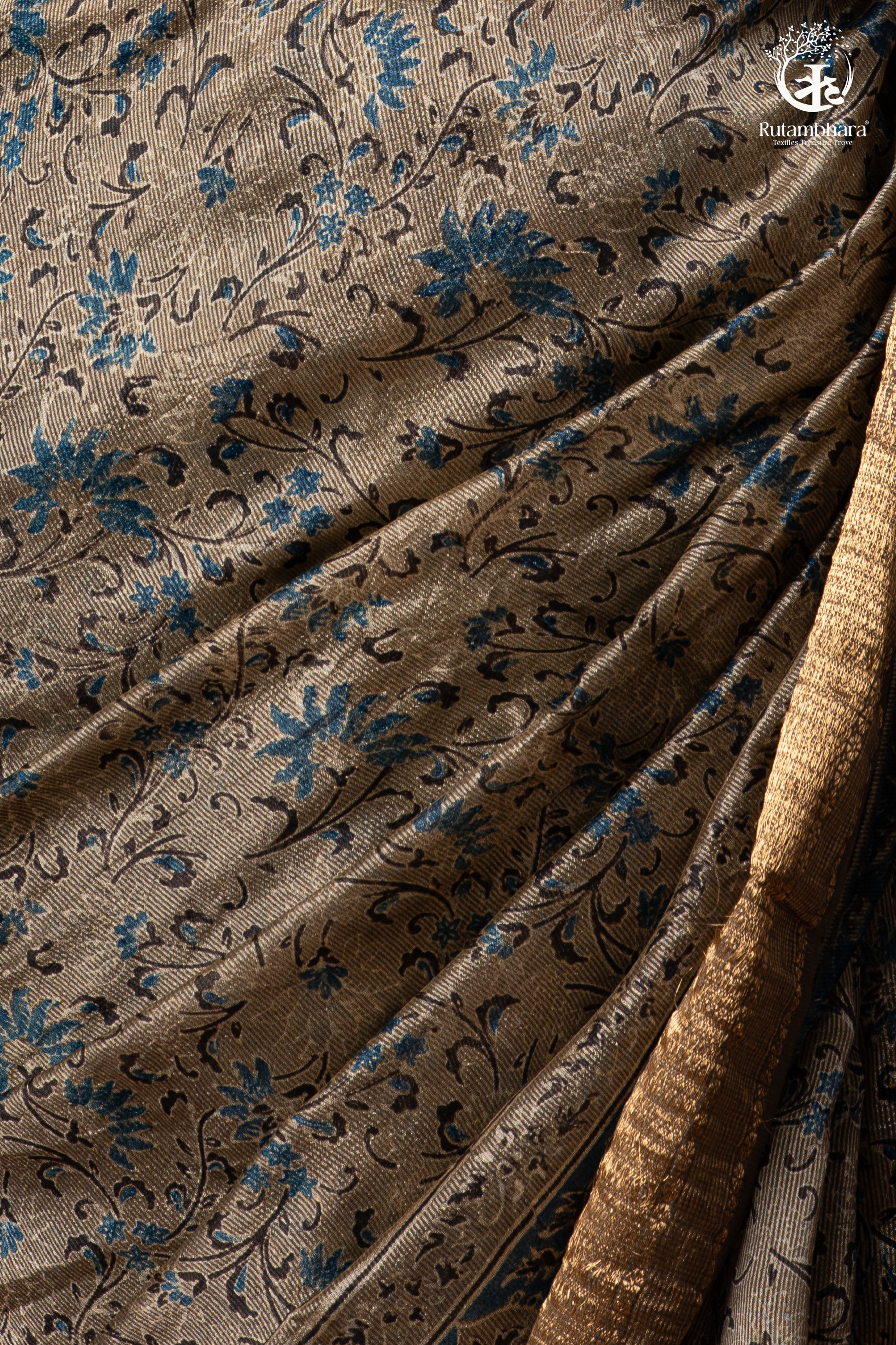Ushraa - Deep Taupe Ajrakh Hand Block Printed Cotton Silk Saree with Gold Zari Border