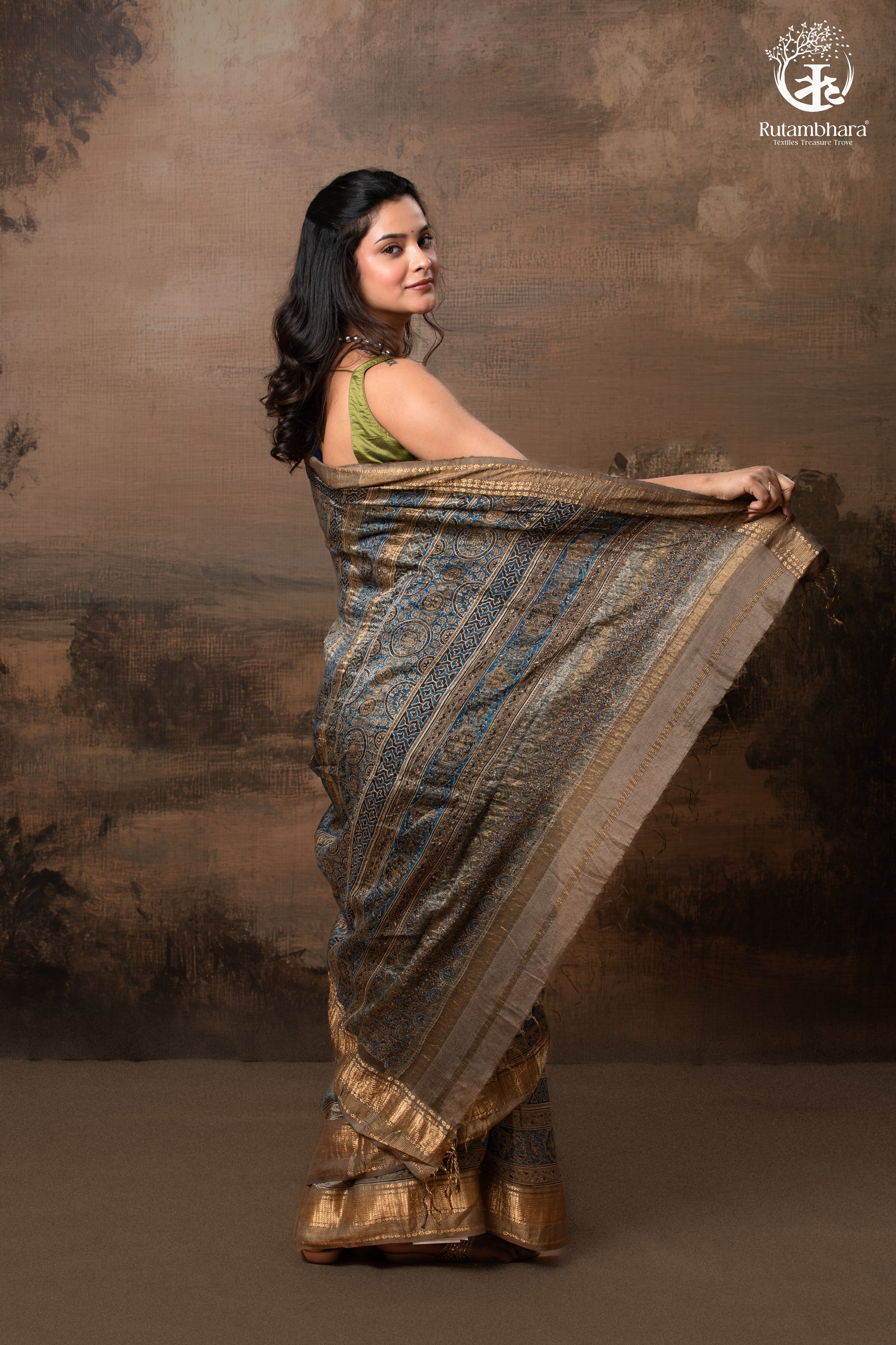 Ushraa - Deep Taupe Ajrakh Hand Block Printed Cotton Silk Saree with Gold Zari Border