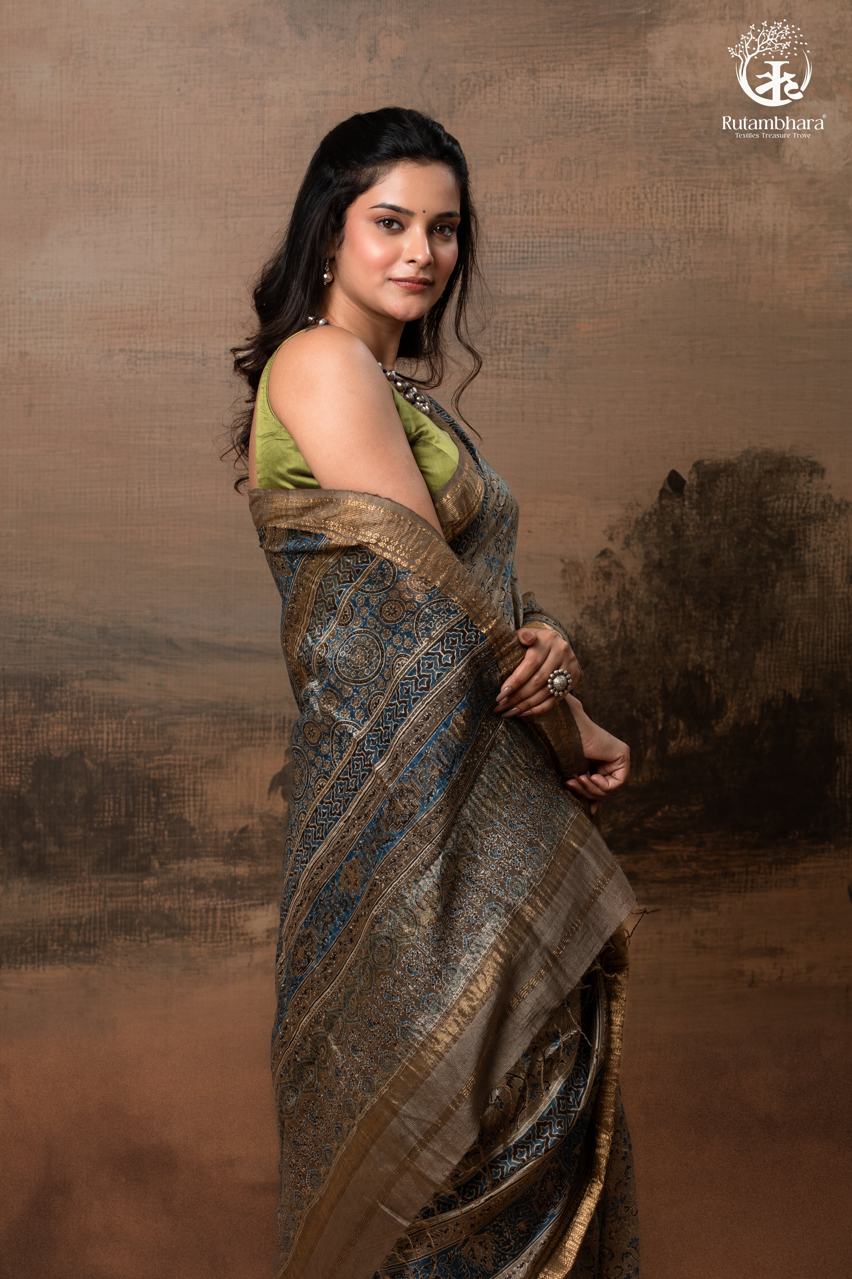 Ushraa - Deep Taupe Ajrakh Hand Block Printed Cotton Silk Saree with Gold Zari Border