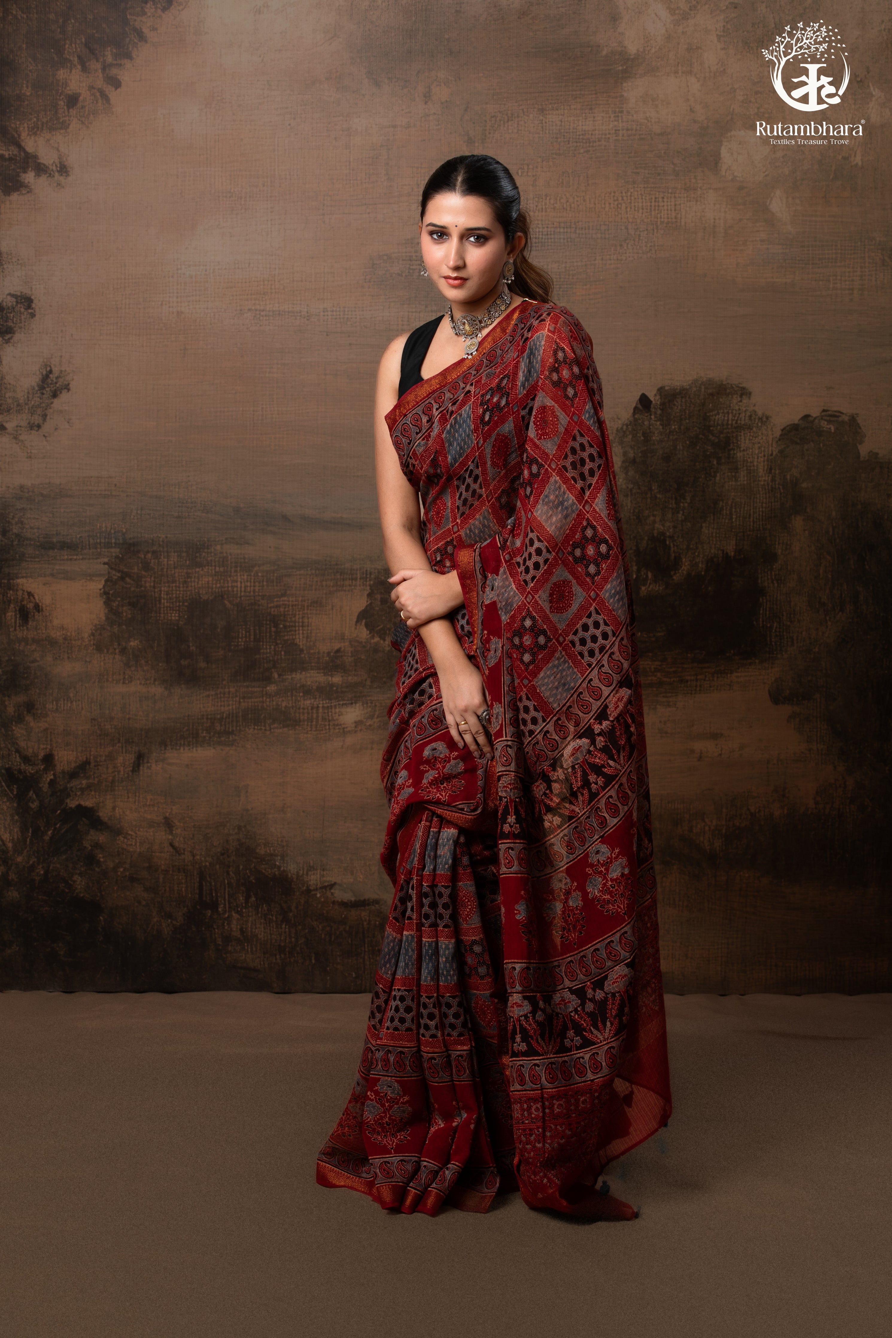 Ushraa - Red Ajrakh Silk Cotton Saree with Delicate Gold Zari Border
