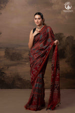 Ushraa - Red Ajrakh Silk Cotton Saree with Delicate Gold Zari Border-RUTAMBHARA-RUTAMBHARA