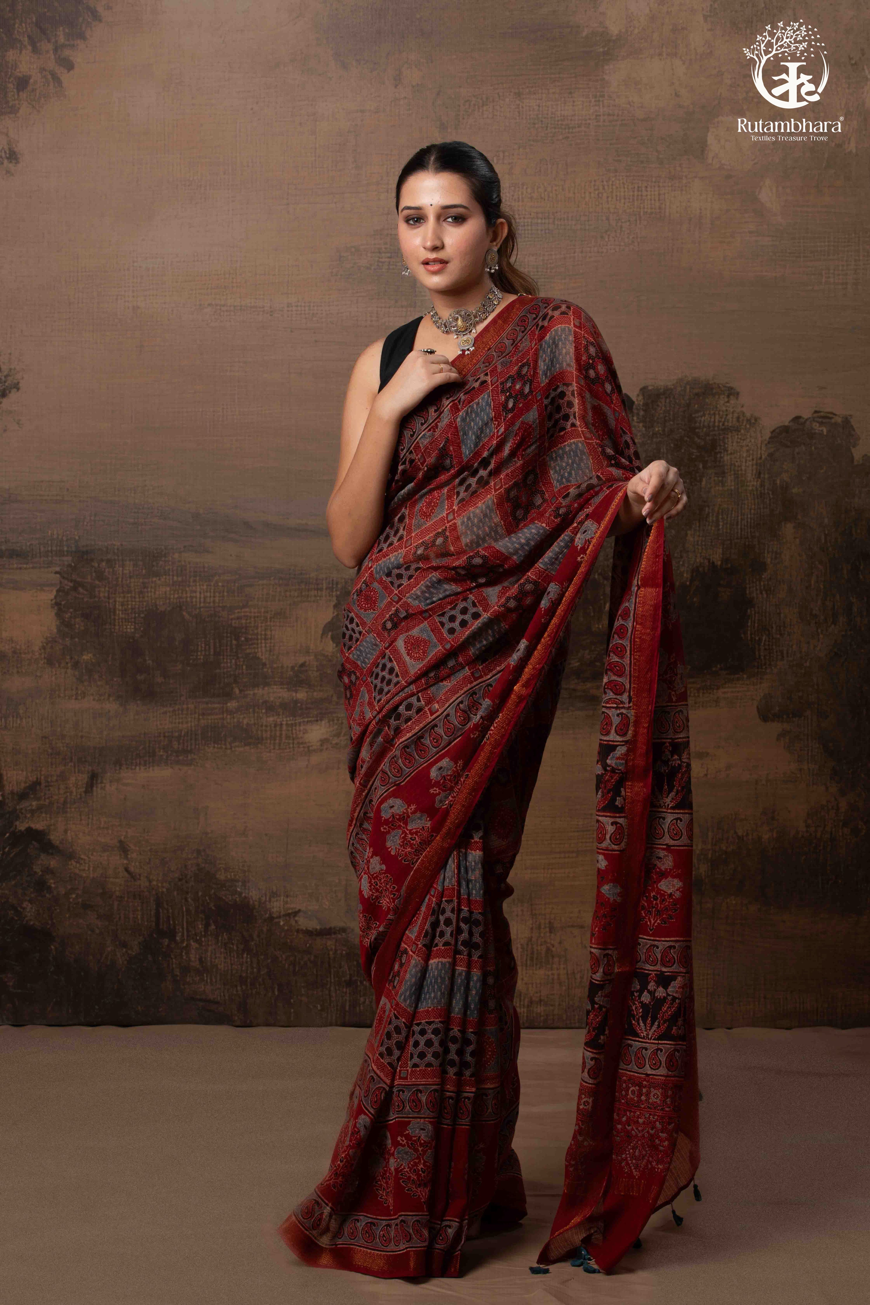 Ushraa - Red Ajrakh Silk Cotton Saree with Delicate Gold Zari Border