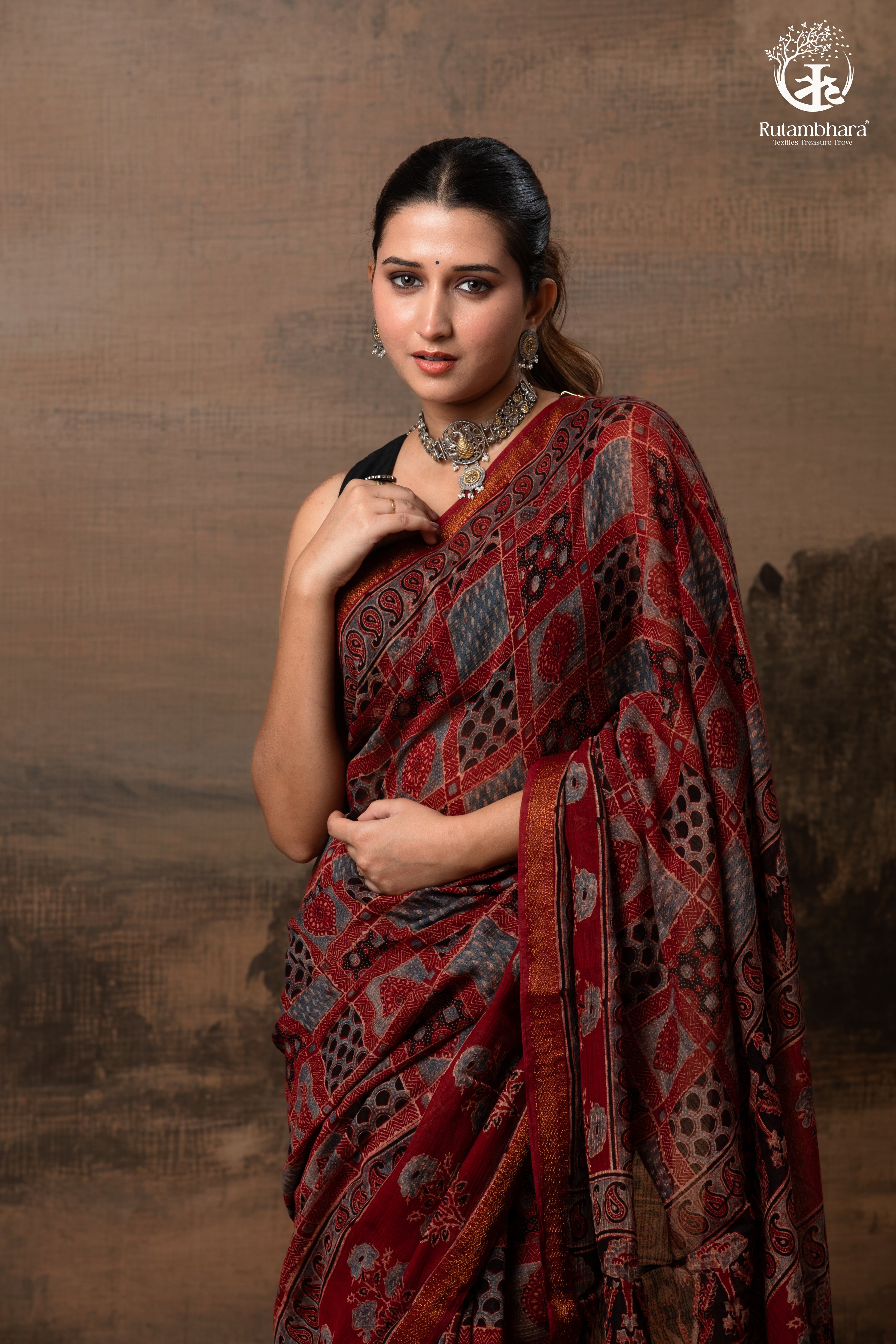 Ushraa - Red Ajrakh Silk Cotton Saree with Delicate Gold Zari Border