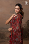 Ushraa - Red Ajrakh Silk Cotton Saree with Delicate Gold Zari Border