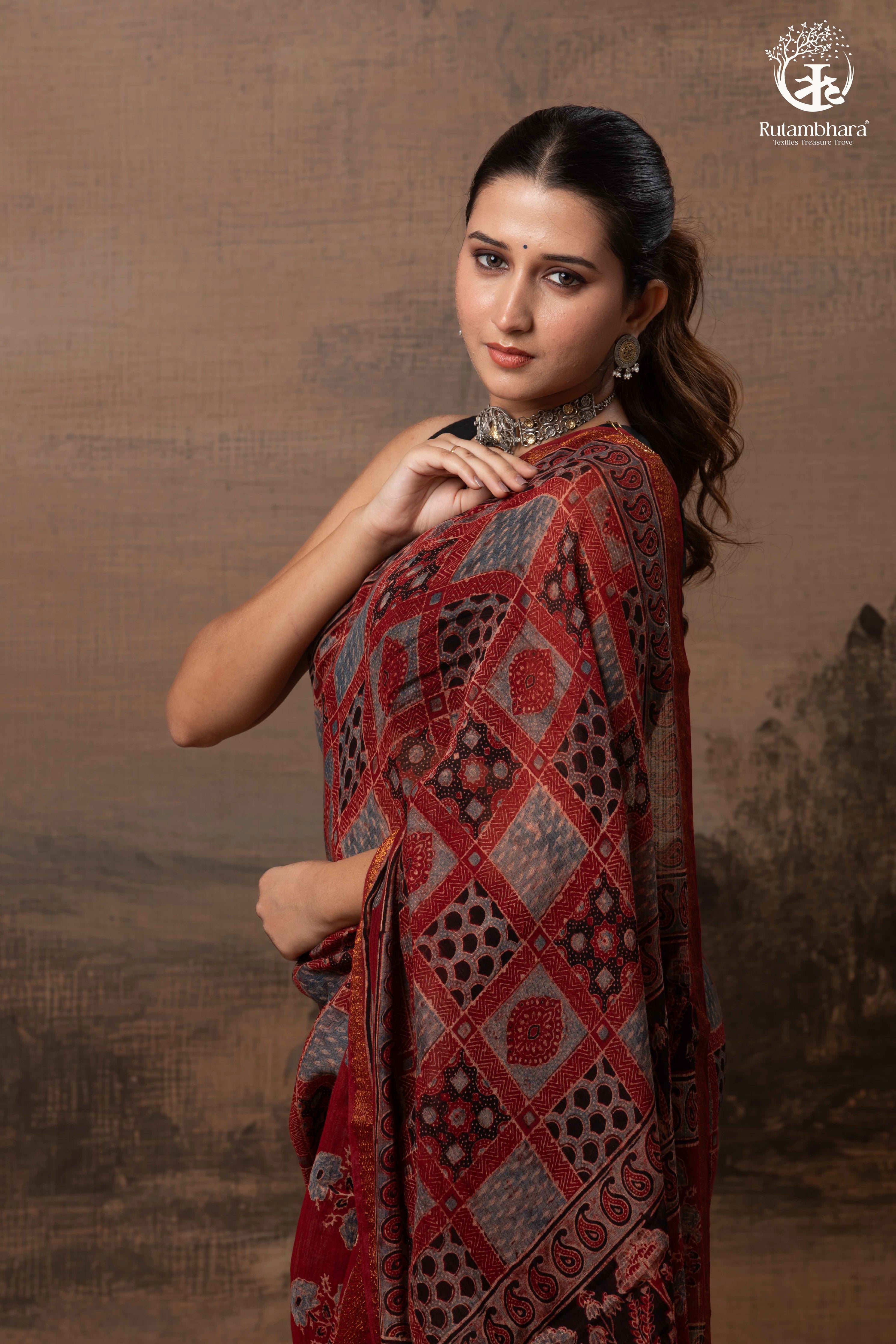 Ushraa - Red Ajrakh Silk Cotton Saree with Delicate Gold Zari Border