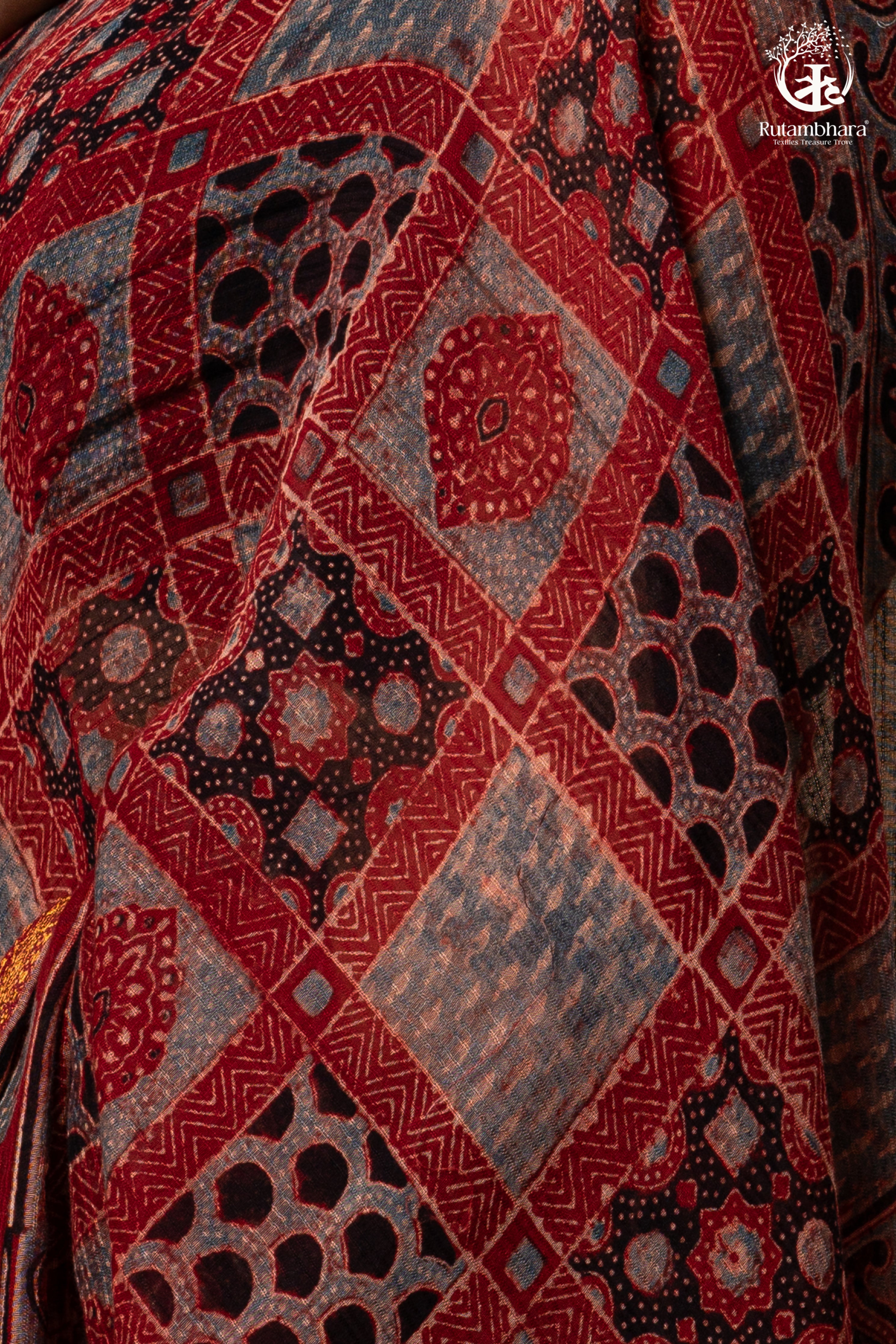 Ushraa - Red Ajrakh Silk Cotton Saree with Delicate Gold Zari Border