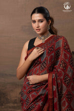 Ushraa - Red Ajrakh Silk Cotton Saree with Delicate Gold Zari Border-RUTAMBHARA-RUTAMBHARA