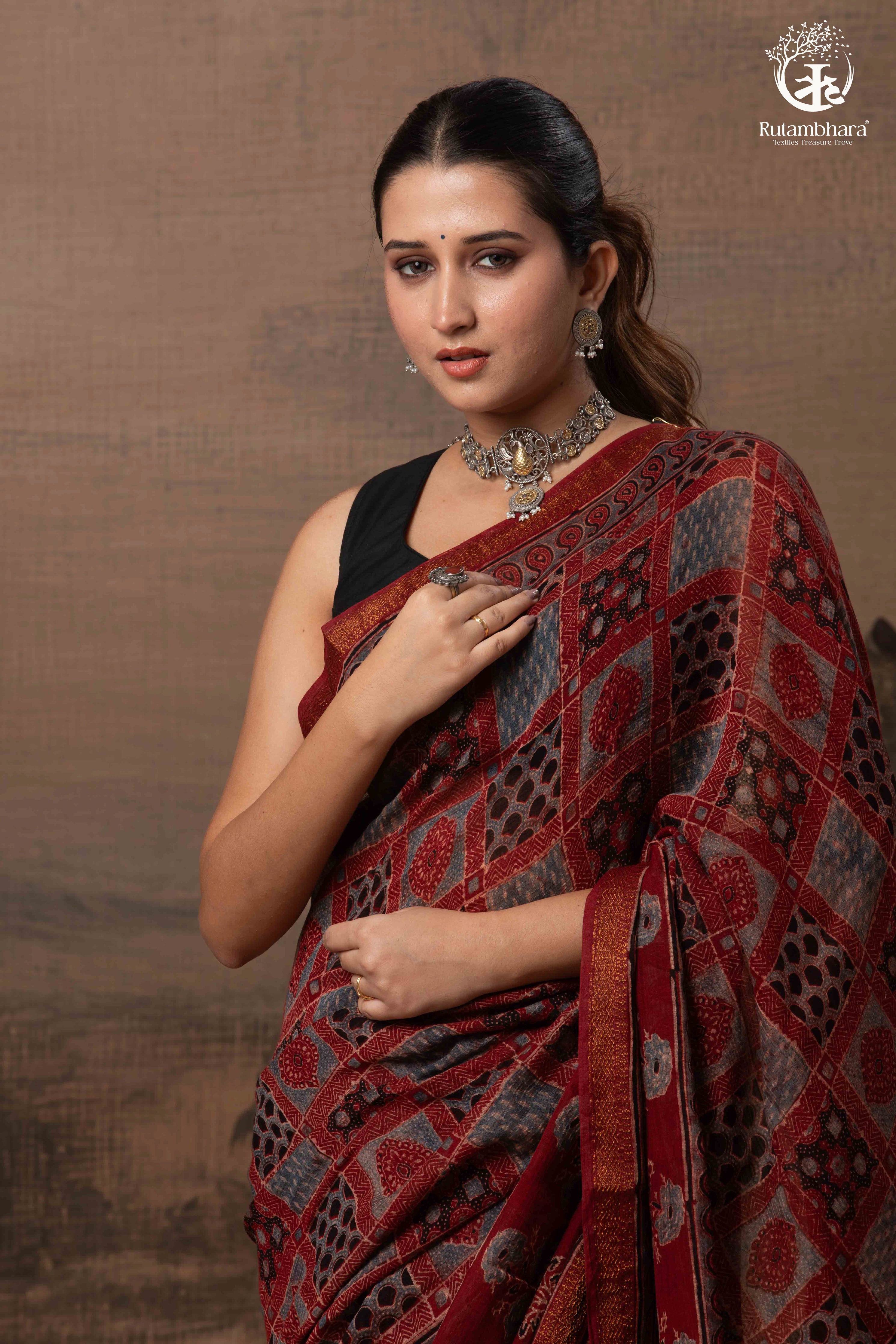 Ushraa - Red Ajrakh Silk Cotton Saree with Delicate Gold Zari Border