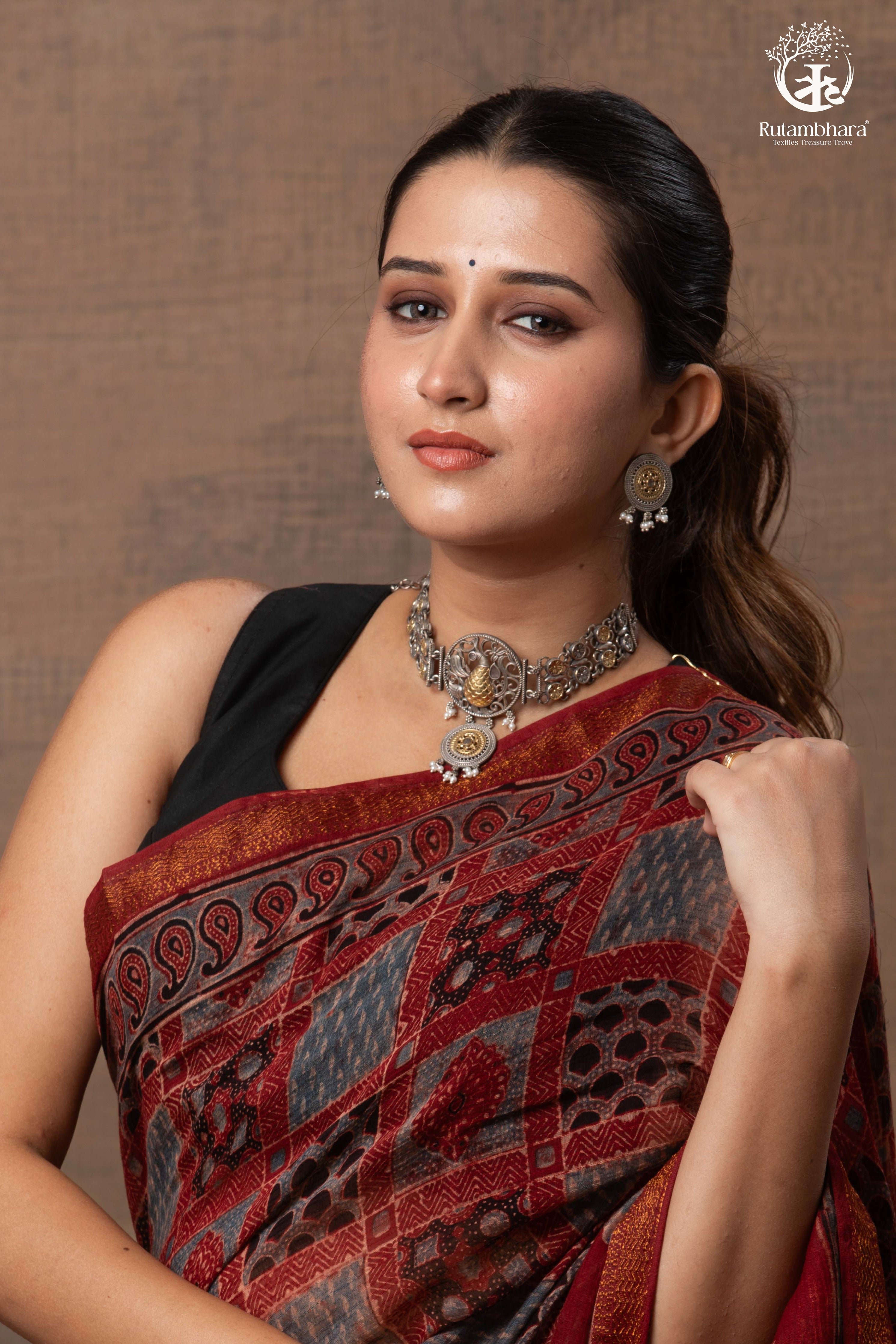 Ushraa - Red Ajrakh Silk Cotton Saree with Delicate Gold Zari Border