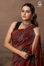 Ushraa - Red Ajrakh Silk Cotton Saree with Delicate Gold Zari Border-RUTAMBHARA-RUTAMBHARA