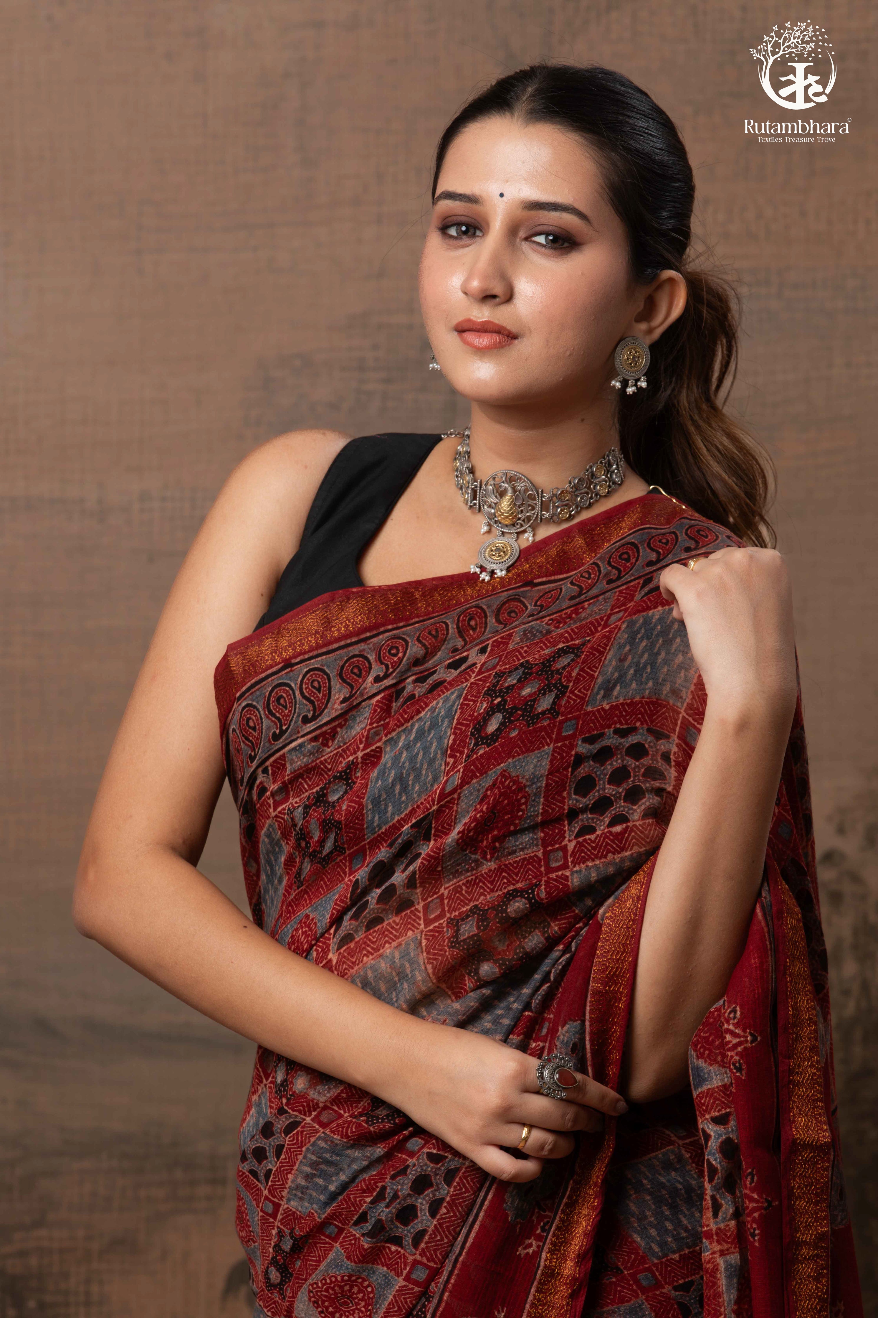 Ushraa - Red Ajrakh Silk Cotton Saree with Delicate Gold Zari Border