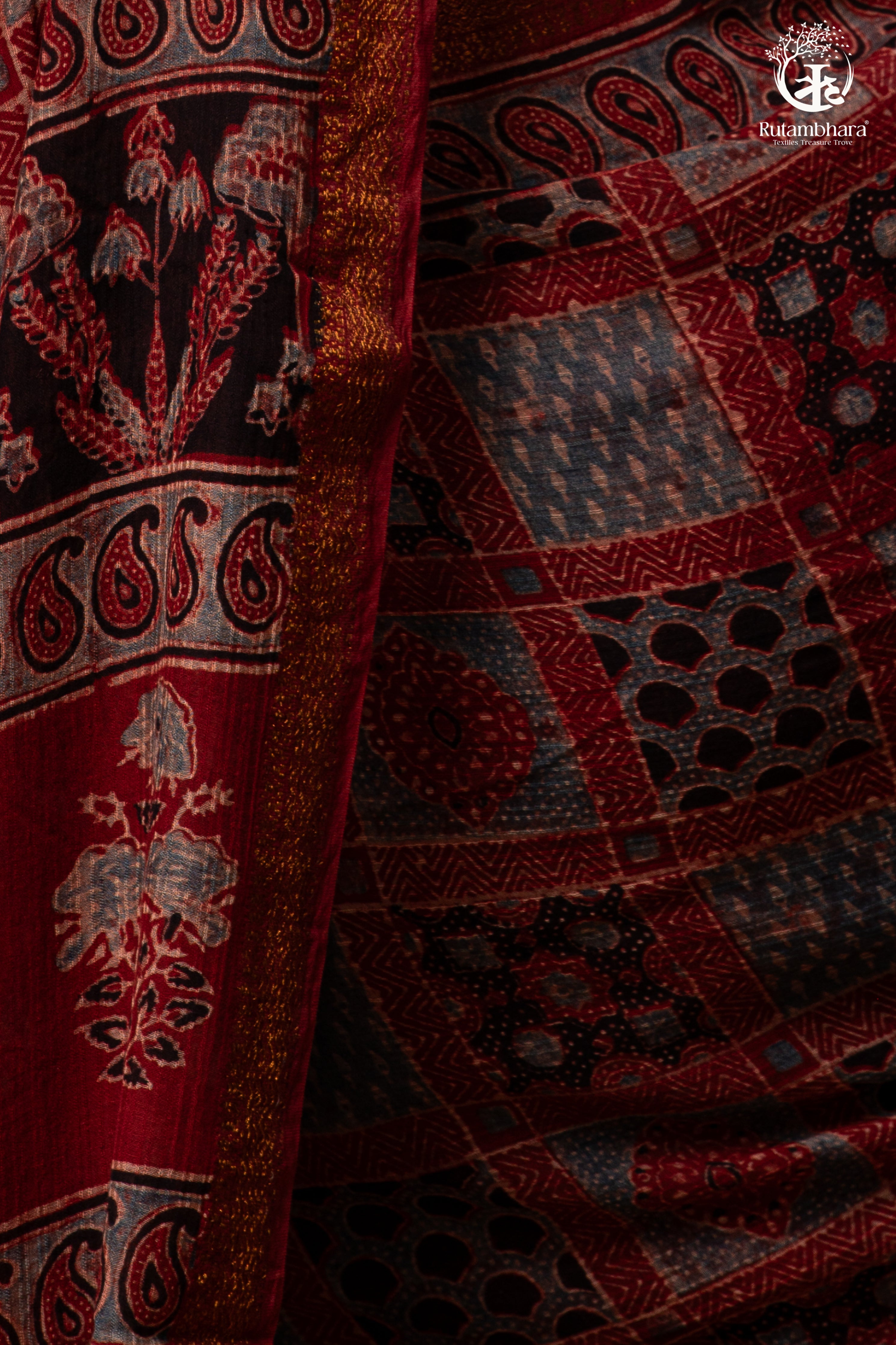 Ushraa - Red Ajrakh Silk Cotton Saree with Delicate Gold Zari Border