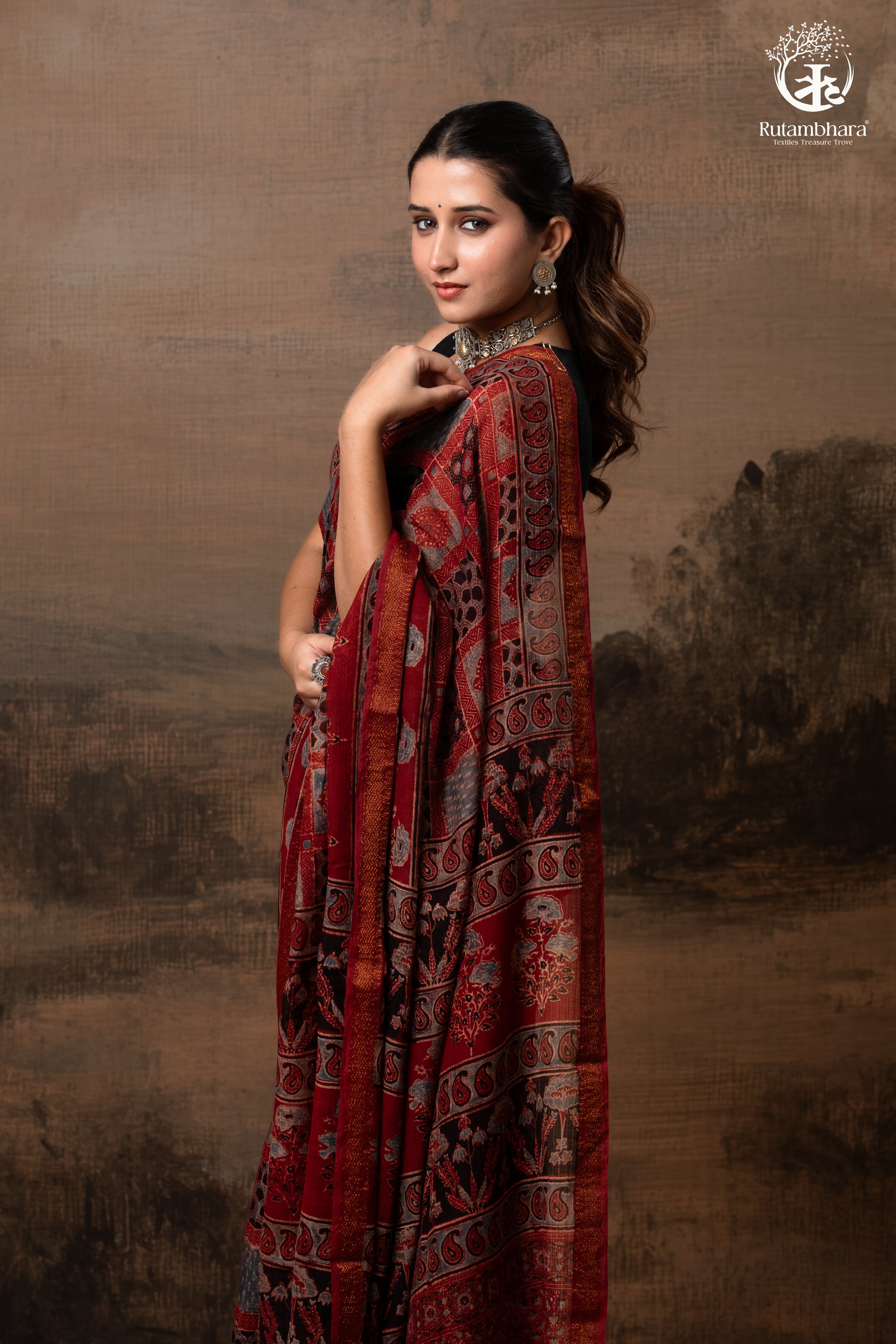 Ushraa - Red Ajrakh Silk Cotton Saree with Delicate Gold Zari Border