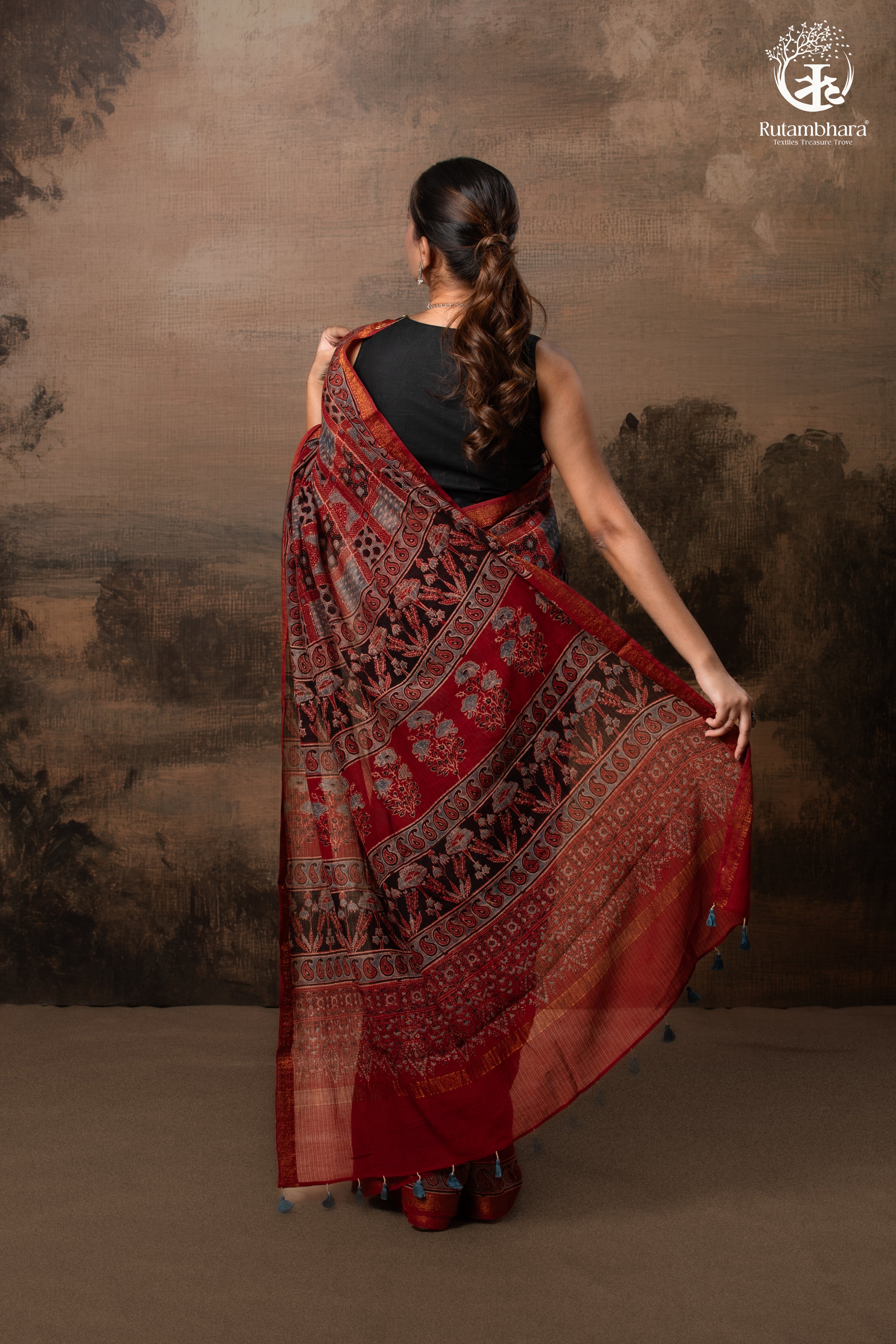 Ushraa - Red Ajrakh Silk Cotton Saree with Delicate Gold Zari Border