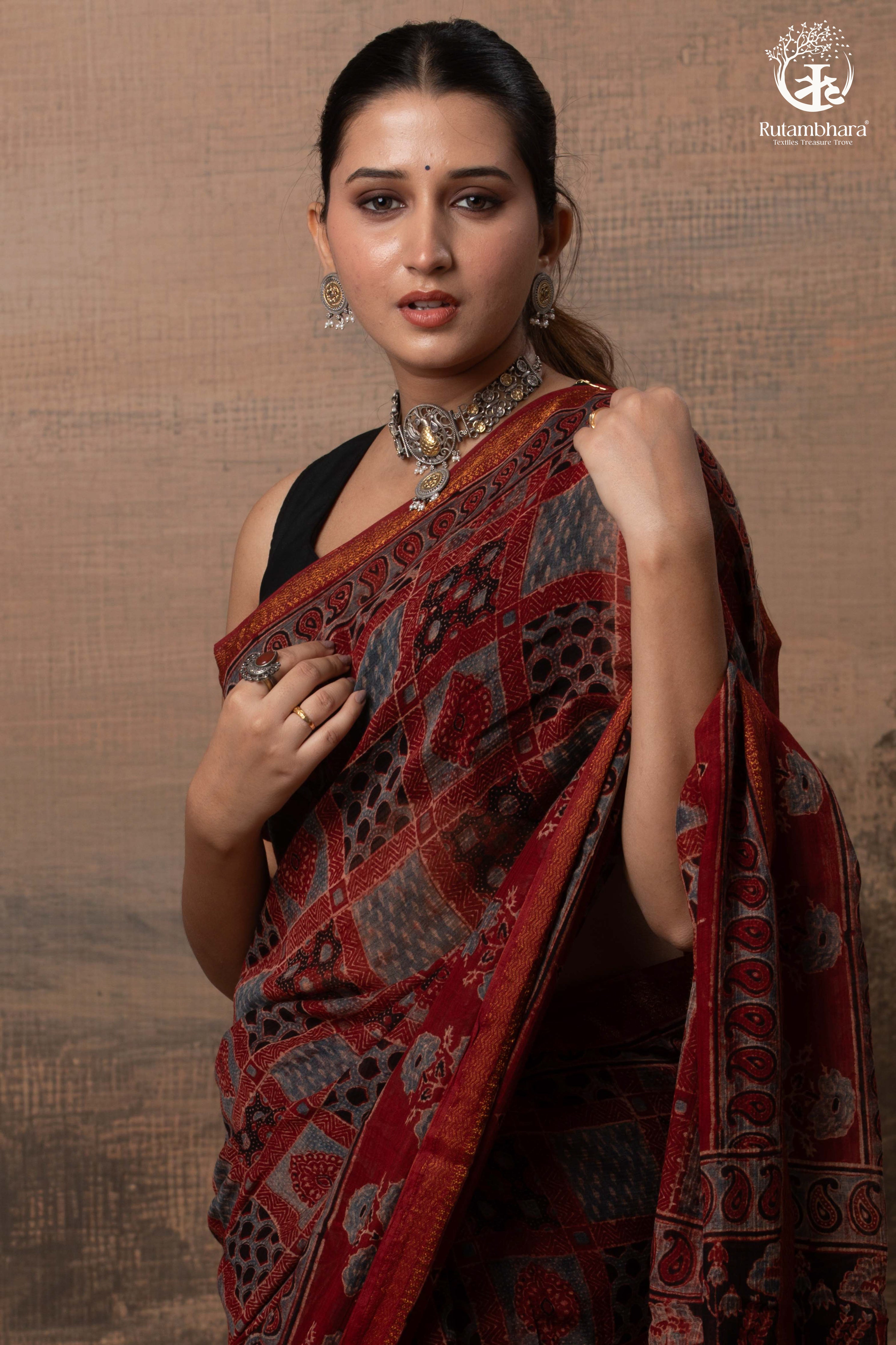 Ushraa - Red Ajrakh Silk Cotton Saree with Delicate Gold Zari Border