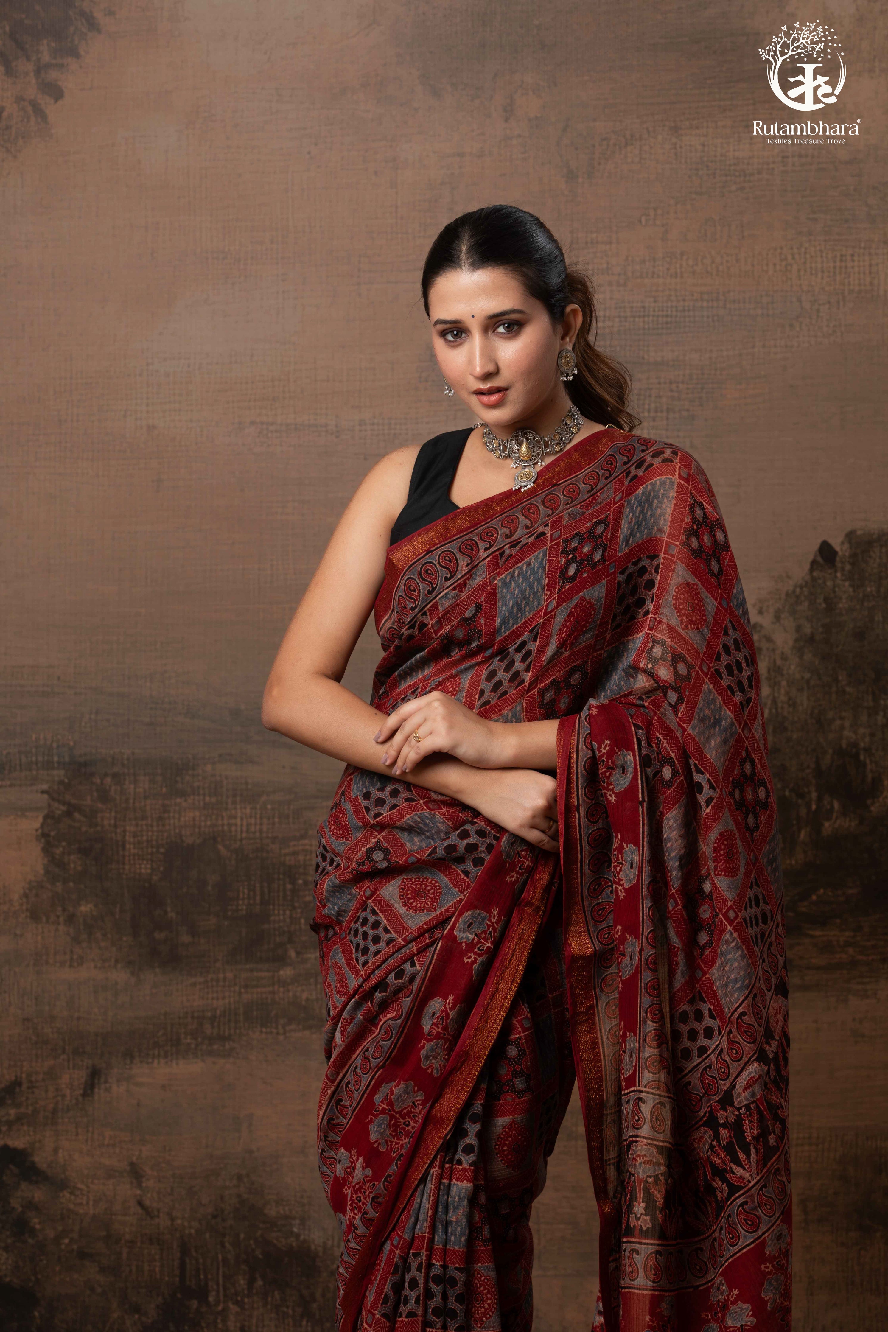 Ushraa - Red Ajrakh Silk Cotton Saree with Delicate Gold Zari Border
