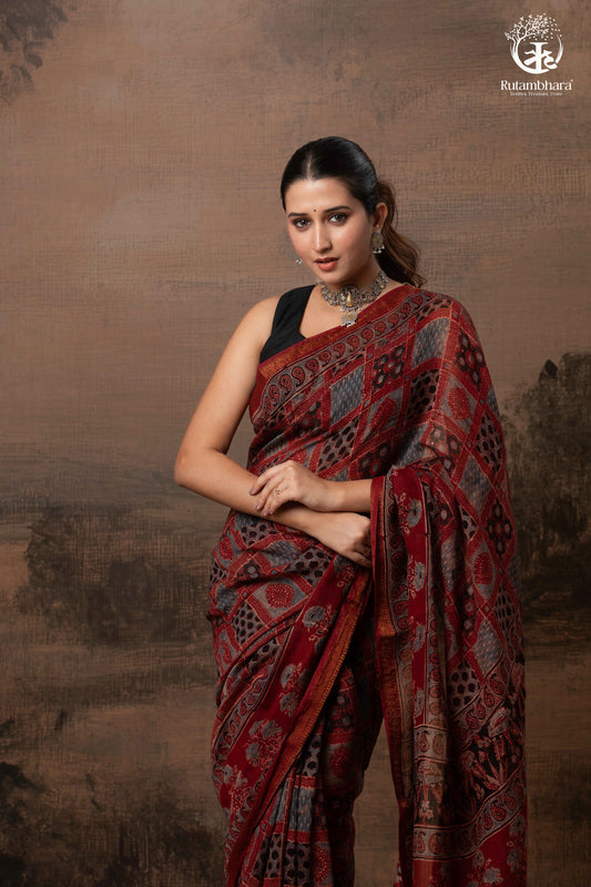 Ushraa - Red Ajrakh Silk Cotton Saree with Delicate Gold Zari Border