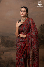 Ushraa - Red Ajrakh Silk Cotton Saree with Delicate Gold Zari Border-RUTAMBHARA-RUTAMBHARA