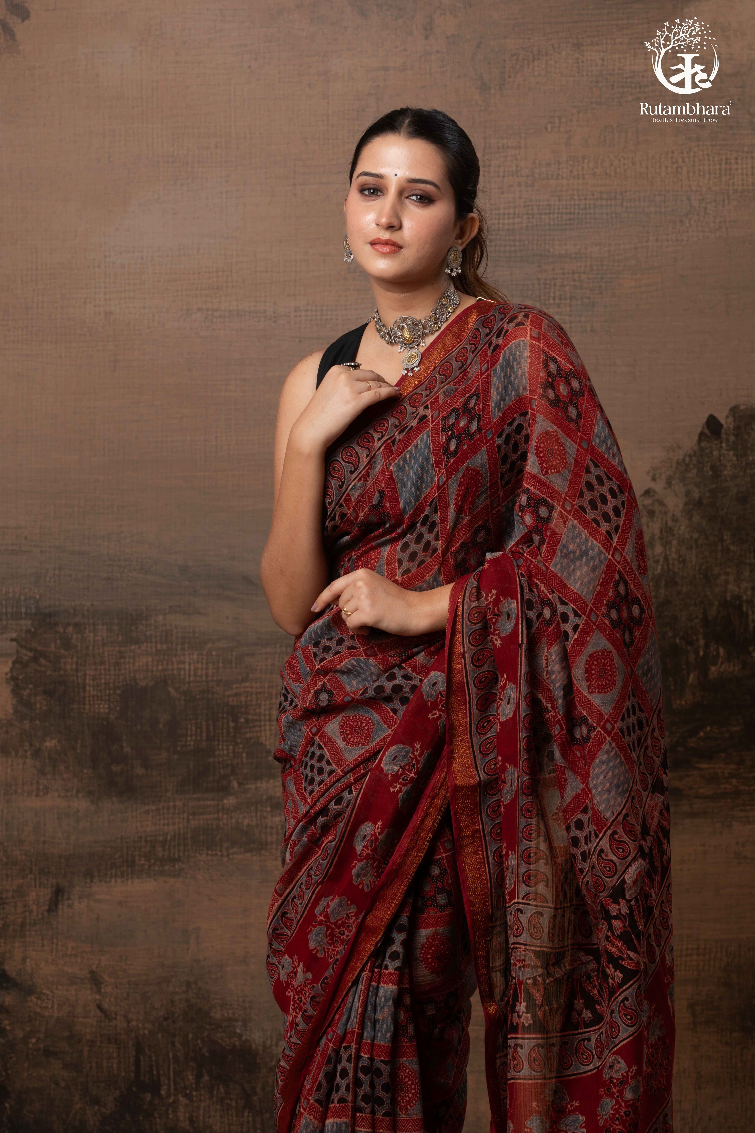 Ushraa - Red Ajrakh Silk Cotton Saree with Delicate Gold Zari Border