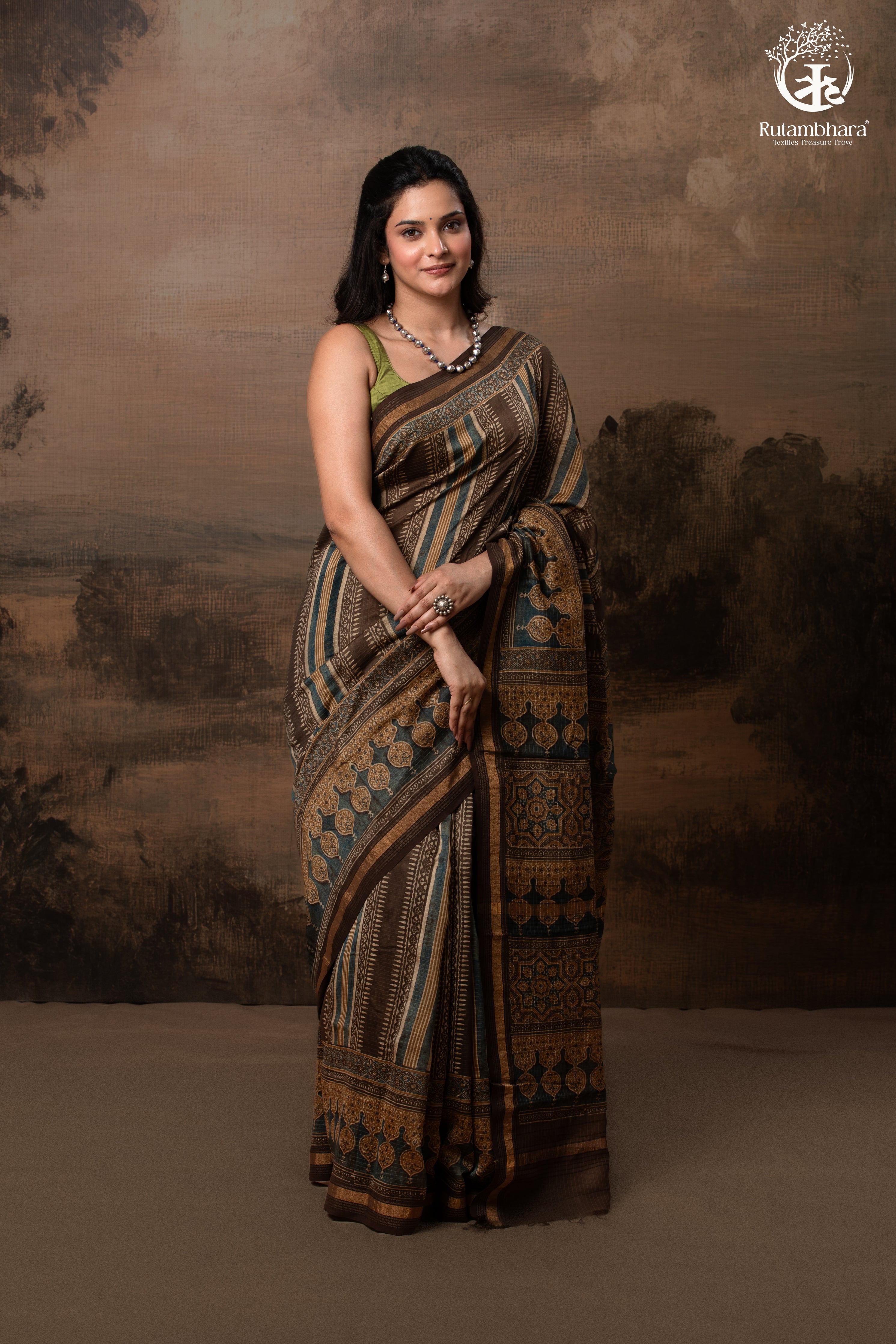 Ushraa - Walnut Indigo Ajrakh  Cotton Silk Saree with Gold Zari Border