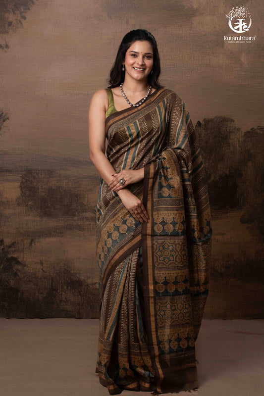 Ushraa - Walnut Indigo Ajrakh  Cotton Silk Saree with Gold Zari Border