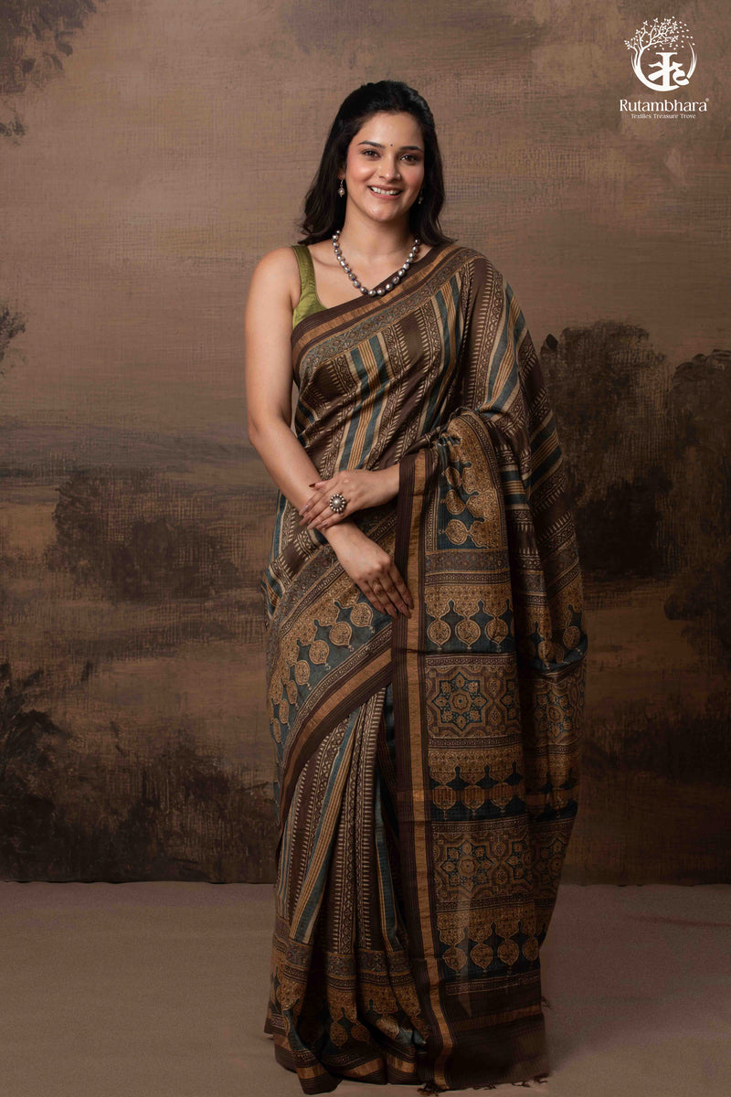 Ushraa - Walnut Indigo Ajrakh Cotton Silk Saree with Gold Zari Border-RUTAMBHARA-RUTAMBHARA