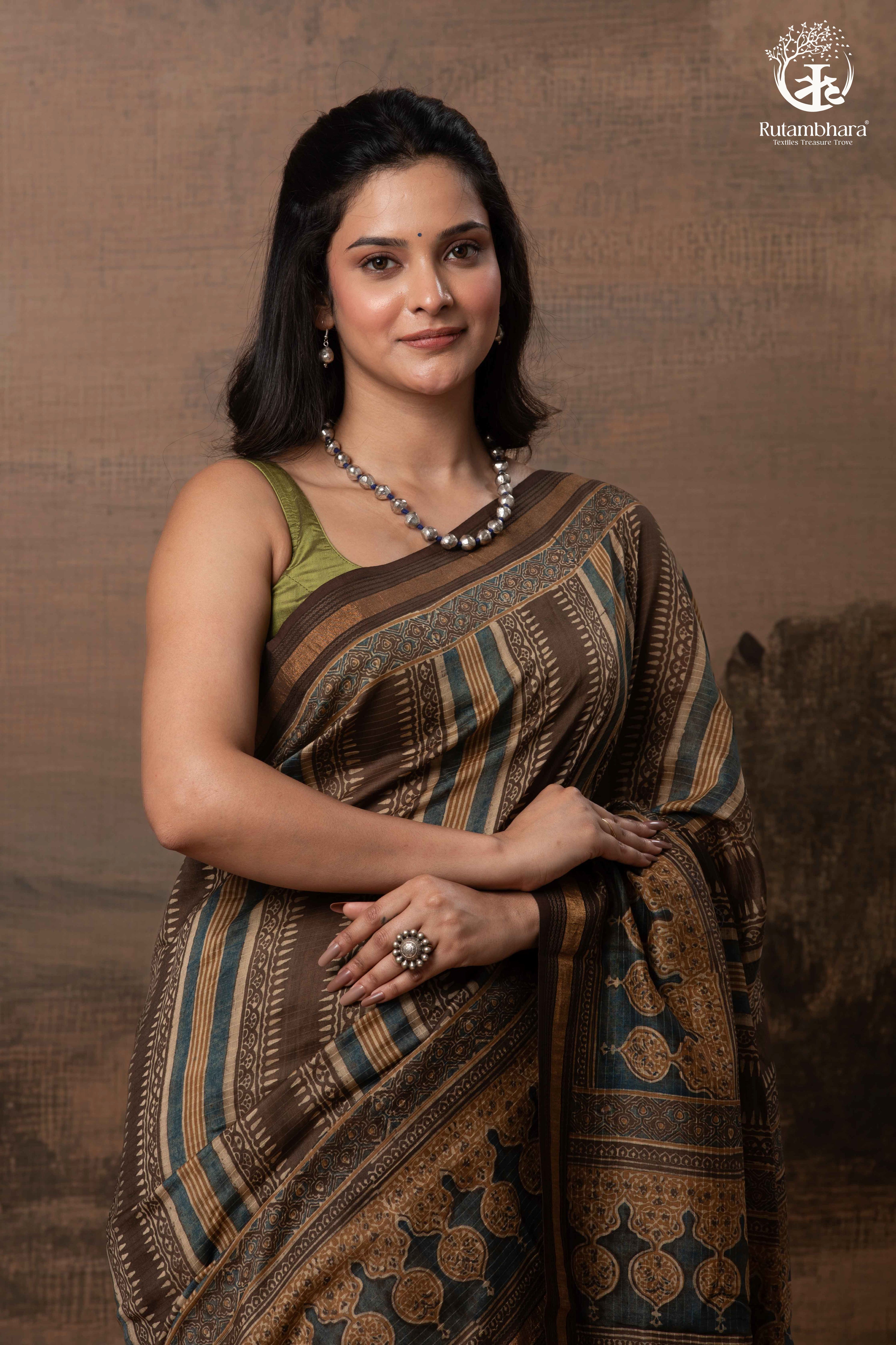 Ushraa - Walnut Indigo Ajrakh  Cotton Silk Saree with Gold Zari Border
