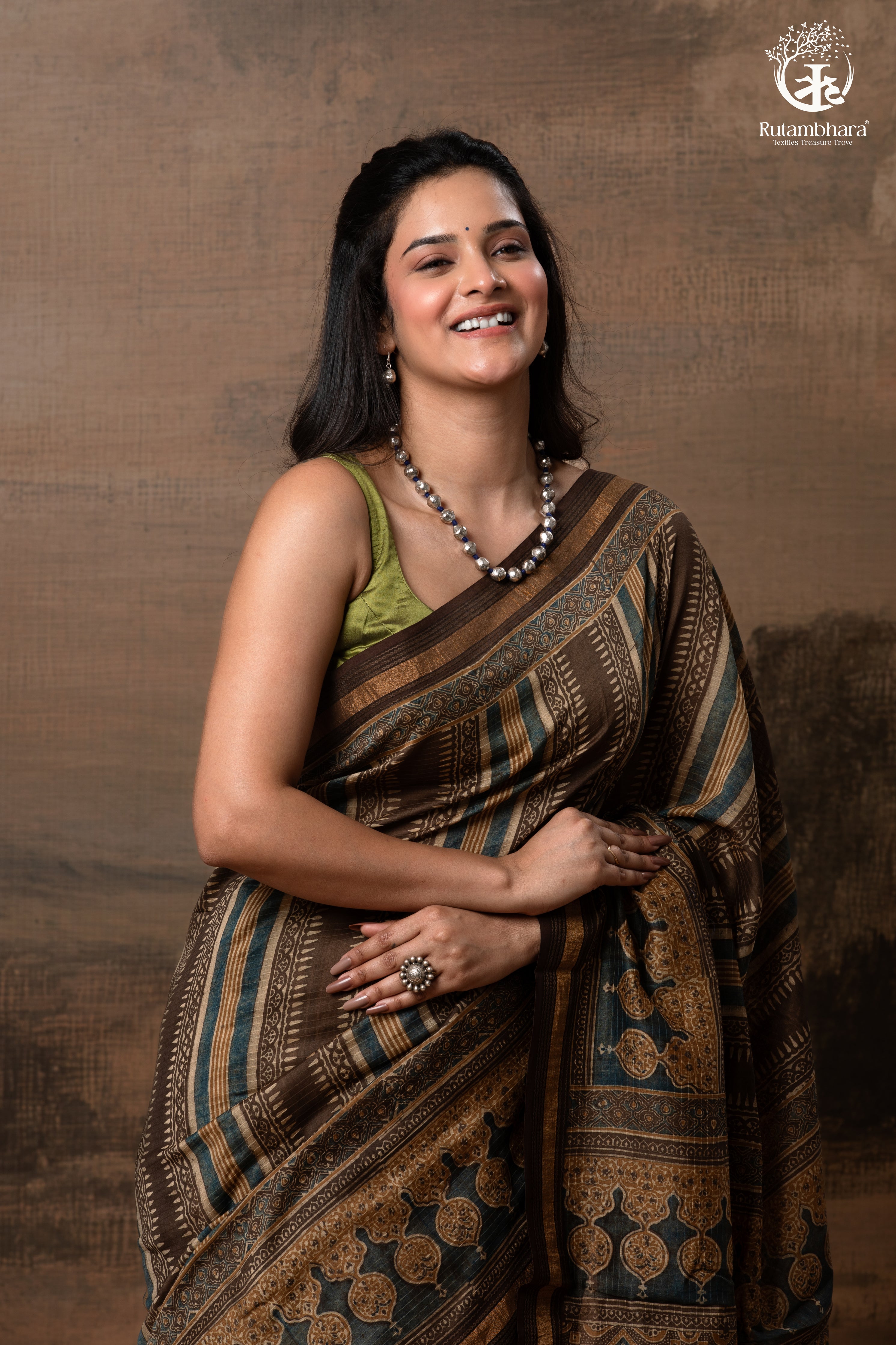 Ushraa - Walnut Indigo Ajrakh  Cotton Silk Saree with Gold Zari Border