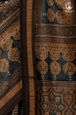 Ushraa - Walnut Indigo Ajrakh Cotton Silk Saree with Gold Zari Border-RUTAMBHARA-RUTAMBHARA