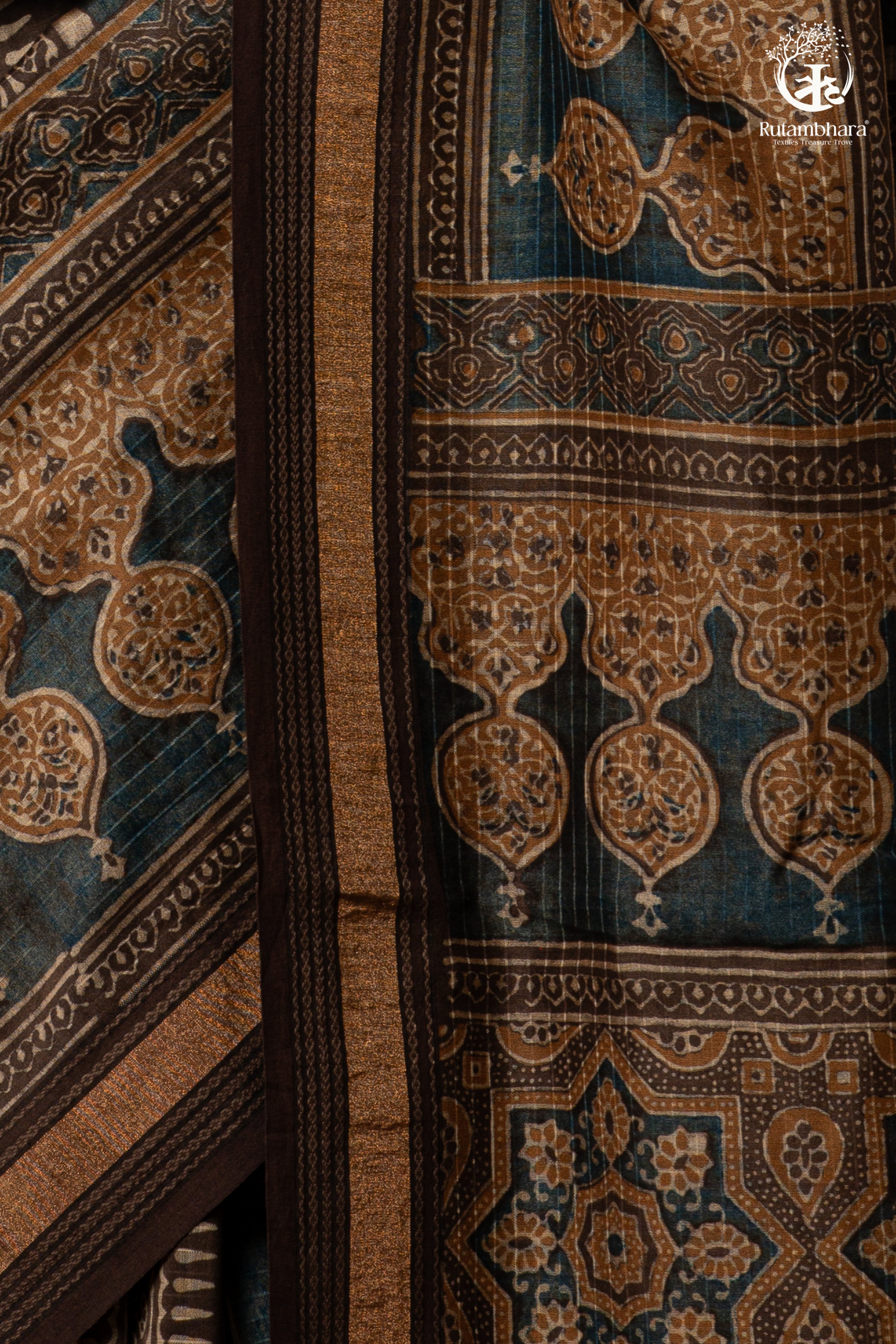Ushraa - Walnut Indigo Ajrakh  Cotton Silk Saree with Gold Zari Border