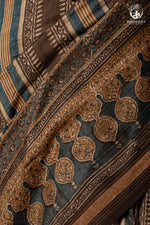 Ushraa - Walnut Indigo Ajrakh Cotton Silk Saree with Gold Zari Border-RUTAMBHARA-RUTAMBHARA